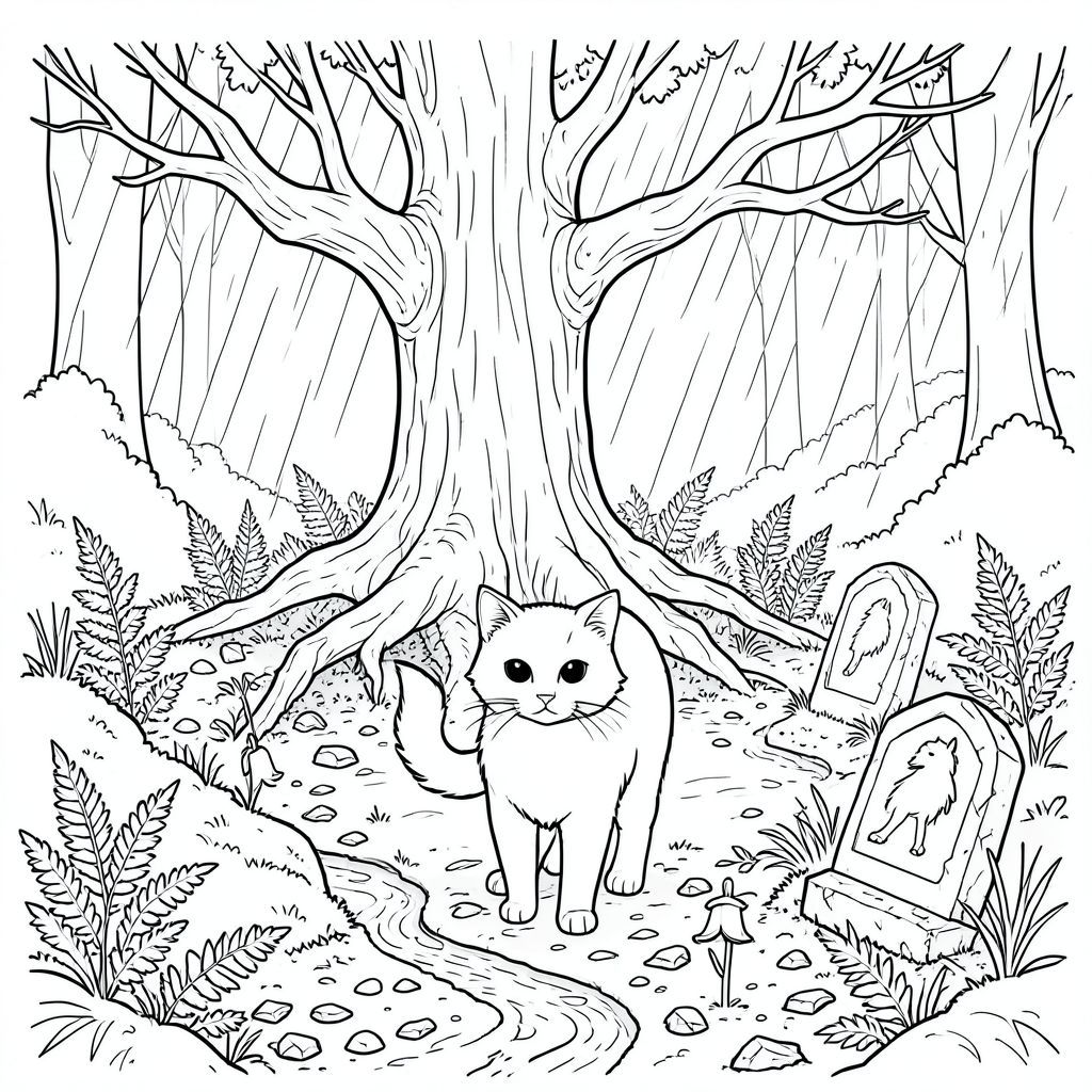 Mưa rơi theo nhịp điệu chậm rãi, có chủ ý, khắc những vệt trên những tảng đá phủ đầy rêu của Whisperwood. Ánh sáng mặt trời, bị gãy và yếu, xuyên qua tán cây thành những mảnh dày, chiếu sáng một khoảng trống nhỏ, hình tròn. Không khí nặng nề với mùi hương của đất ướt và lá thông, một hương thơm vừa dễ chịu vừa u sầu tinh tế. Một cây sồi cổ thụ duy nhất, cành của nó gồ ghề và vươn tới như những ngón tay xương, thống trị trung tâm của bãi đất trống. Rễ của nó, dày như thân người, lộ ra một phần, tạo thành một chậu nông và ẩm ướt. Một con đường hẹp, quanh co, hầu như không thể nhìn thấy bên dưới những cây dương xỉ bám vào, dẫn vào trung tâm của khu rừng. Một dòng suối nhỏ, nhỏ giọt, màu của già nua, cắt ngang qua bãi đất trống, nước của nó rì rào một bài hát trầm thấp liên tục. Rải rác giữa rêu và lá rụng là tàn tích của một ngôi đền bị lãng quên - một điểm đánh dấu bằng đá đổ nát mô tả một con sói cách điệu, ánh mắt của nó mãi mãi dán mắt về phía chân trời vô hình. Mặt đất là một bức tranh khảm của đất màu mỡ và gỗ ẩm ướt, mục nát. Một quả chuông xanh duy nhất, được hình thành hoàn hảo, cánh hoa của nó không thể chống lại tông màu trầm lặng, nằm nép mình giữa rễ cây sồi.  ---  [HÌNH ẢNH: Một con mèo, bộ lông của nó a, được đặt ở giữa. Khuôn mặt của nó là một sự khắc nghiệt, kiên định, không có bất kỳ biểu cảm nào. Đuôi dài và thuôn nhọn, kết thúc bằng một điểm tinh tế. Đôi mắt của con mèo là, những vũng obsidian không chớp mắt. Con mèo được đặt hơi lệch tâm, cơ thể của nó nghiêng về phía người xem, cho thấy sự hiện diện yên tĩnh, cảnh giác. Nền là một đại diện hơi mờ của Whisperwood, nhấn mạnh sự cô lập của con mèo.], trang màu, nghệ thuật đường nét, nền trắng