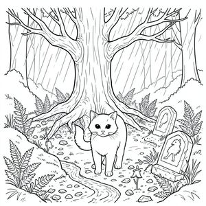 Mưa rơi theo nhịp điệu chậm rãi, có chủ ý, khắc những vệt trên những tảng đá phủ đầy rêu của Whisperwood. Ánh sáng mặt trời, bị gãy và yếu, xuyên qua tán cây thành những mảnh dày, chiếu sáng một khoảng trống nhỏ, hình tròn. Không khí nặng nề với mùi hương của đất ướt và lá thông, một hương thơm vừa dễ chịu vừa u sầu tinh tế. Một cây sồi cổ thụ duy nhất, cành của nó gồ ghề và vươn tới như những ngón tay xương, thống trị trung tâm của bãi đất trống. Rễ của nó, dày như thân người, lộ ra một phần, tạo thành một chậu nông và ẩm ướt. Một con đường hẹp, quanh co, hầu như không thể nhìn thấy bên dưới những cây dương xỉ bám vào, dẫn vào trung tâm của khu rừng. Một dòng suối nhỏ, nhỏ giọt, màu của già nua, cắt ngang qua bãi đất trống, nước của nó rì rào một bài hát trầm thấp liên tục. Rải rác giữa rêu và lá rụng là tàn tích của một ngôi đền bị lãng quên - một điểm đánh dấu bằng đá đổ nát mô tả một con sói cách điệu, ánh mắt của nó mãi mãi dán mắt về phía chân trời vô hình. Mặt đất là một bức tranh khảm của đất màu mỡ và gỗ ẩm ướt, mục nát. Một quả chuông xanh duy nhất, được hình thành hoàn hảo, cánh hoa của nó không thể chống lại tông màu trầm lặng, nằm nép mình giữa rễ cây sồi.  ---  [HÌNH ẢNH: Một con mèo, bộ lông của nó a, được đặt ở giữa. Khuôn mặt của nó là một sự khắc nghiệt, kiên định, không có bất kỳ biểu cảm nào. Đuôi dài và thuôn nhọn, kết thúc bằng một điểm tinh tế. Đôi mắt của con mèo là, những vũng obsidian không chớp mắt. Con mèo được đặt hơi lệch tâm, cơ thể của nó nghiêng về phía người xem, cho thấy sự hiện diện yên tĩnh, cảnh giác. Nền là một đại diện hơi mờ của Whisperwood, nhấn mạnh sự cô lập của con mèo.], trang màu, nghệ thuật đường nét, nền trắng