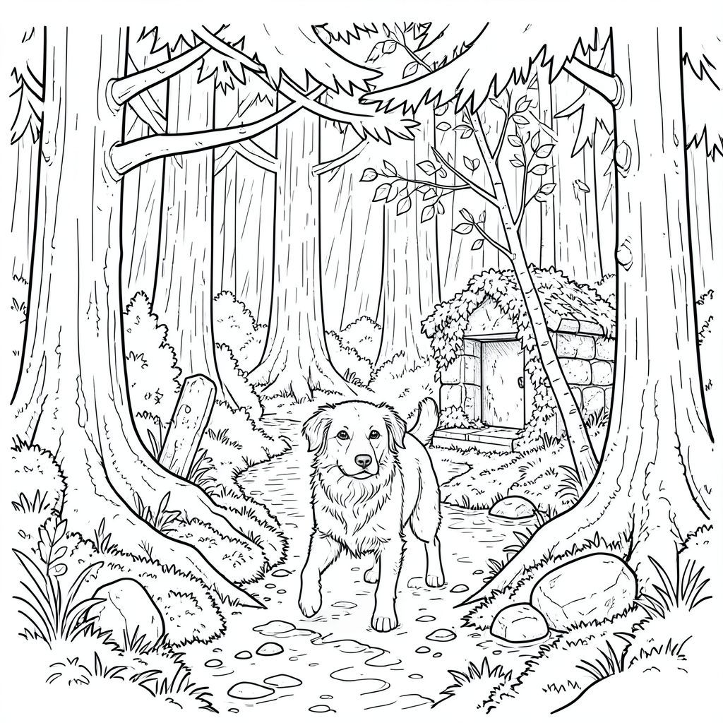 Mưa rơi theo nhịp điệu chậm rãi, có chủ ý, phủ lên đáy thung lũng. Đó là cuối mùa thu, không khí dày đặc với mùi đất ẩm ướt và lá mục nát. Một con đường hẹp, phủ đầy rêu, chỉ rộng hơn vai của một người đàn ông, uốn lượn qua một khu rừng cổ thụ rậm rạp. Những cây thông cao chót vót, vỏ của chúng lốm đốm và nghiêng vào trong, các cành của chúng đan xen vào nhau tạo thành một tán tự nhiên. Ánh sáng mặt trời vật lộn để xuyên qua những tán lá rậm rạp, tạo ra con đường trong chạng vạng vĩnh viễn. Một dòng suối nhỏ, nhỏ giọt cắt một con đường xuyên qua bụi rậm, nước và lạnh của nó. Rải rác giữa rễ cây thông là những mảng rêu gần như rực rỡ - một sự tương phản đáng kinh ngạc với tông màu trầm của sàn rừng. Một điểm đánh dấu bằng đá duy nhất, bị phong hóa, gần như bị thảm thực vật nuốt chửng, đánh dấu sự bắt đầu của con đường.

Một cấu trúc bằng đá hình chữ nhật, bị phong hóa, được xây dựng bằng đá đẽo thô, bị che khuất một phần bởi một mớ cây thường xuân. Đó là một ngôi đền nhỏ, không được trang trí, bề mặt của nó được bao phủ bởi địa y và rêu. Một cây bạch dương còi cọc nghiêng về phía dòng suối một cách bấp bênh, lá của nó gần như trong mờ . Một tảng đá nhỏ, nhẵn nhụi, nằm nép mình giữa rễ cây thông, một phần bị che khuất bởi đất ẩm. Ấn tượng tổng thể là một trong những sự cô đơn yên tĩnh và tuổi tác bền bỉ.

được đặt hơi lệch tâm, đối diện với người xem với ánh mắt cảnh giác, kiên định. Tư thế của nó thoải mái, một độ dốc tinh tế về phía sau cho thấy hơi nghiêng. Tai của nó nhếch lên, hơi nghiêng về phía trước và mũi hơi nhét vào giữa hai bàn chân. Bộ lông là một bộ lông bị tắt tiếng, bụi bặm, với một ánh sáng tinh tế, gần như không thể nhận thấy, trong . Đôi mắt là một sự giật mình, thông minh, tập trung chăm chú vào một cái gì đó ngay bên ngoài khung hình. Đuôi dài và hơi cong, giữ thấp và lắc lư tinh tế với chuyển động nhẹ nhàng.

GẦN TRUNG TÂM., tô màu, nghệ thuật đường nét, nền trắng