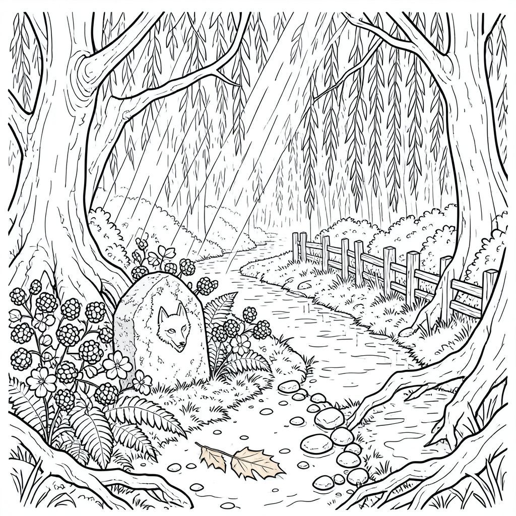 Mưa rơi thành những tấm chậm, có chủ ý, phủ lên những tảng đá phủ đầy rêu của Whisperwood. Ánh sáng mặt trời, bị gãy và yếu, xuyên qua tán cây trong những hồ lốm đốm, chiếu sáng một con đường hẹp, mọc um tùm. Những rễ cây cổ xưa, gồ ghề, dày như cánh tay của một người đàn ông, uốn lượn trên mặt đất, xoắn và xoay như những con rắn đang ngủ. Không khí nặng nề với mùi đất ẩm ướt, lá mục nát và một cái gì đó mờ nhạt - một dấu vết của cơn bão từ lâu. Một dòng suối nhỏ, ẩm ướt vĩnh viễn, Silverthread, chảy róc rách gần đó, nước của nó phản chiếu sự im lặng.

Bên dưới con đường, nép mình giữa một cụm dương xỉ hoa, là một ngôi đền đá nhỏ, phong hóa. Nó chỉ hơn một vòng tròn, được bao phủ bởi địa y và một hình chạm khắc duy nhất, mờ nhạt của một cái đầu sói cách điệu. Một rải rác của những tảng đá nhẵn - bị vỡ và rơi - đánh dấu rìa của con đường. Một chiếc lá bạch dương rụng, màu caramel cháy, nằm trên con đường, bị che khuất một phần bởi một bụi cây dâu đen rậm rạp. Xa hơn nữa, con đường tiếp tục, biến mất trong một bụi cây liễu, cành của chúng phủ đầy rêu khóc. Một hàng rào gỗ nhỏ, đổ nát, gần như bị nuốt chửng bởi bụi rậm, đánh dấu ranh giới của một khoảng trống nhỏ, bị lãng quên. Khung cảnh được tắm trong một sự vĩnh cửu, mềm mại, mang lại chất lượng u sầu cho không gian., trang màu, nghệ thuật đường nét, nền trắng