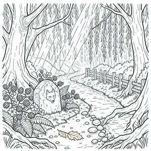 Mưa rơi thành những tấm chậm, có chủ ý, phủ lên những tảng đá phủ đầy rêu của Whisperwood. Ánh sáng mặt trời, bị gãy và yếu, xuyên qua tán cây trong những hồ lốm đốm, chiếu sáng một con đường hẹp, mọc um tùm. Những rễ cây cổ xưa, gồ ghề, dày như cánh tay của một người đàn ông, uốn lượn trên mặt đất, xoắn và xoay như những con rắn đang ngủ. Không khí nặng nề với mùi đất ẩm ướt, lá mục nát và một cái gì đó mờ nhạt - một dấu vết của cơn bão từ lâu. Một dòng suối nhỏ, ẩm ướt vĩnh viễn, Silverthread, chảy róc rách gần đó, nước của nó phản chiếu sự im lặng.

Bên dưới con đường, nép mình giữa một cụm dương xỉ hoa, là một ngôi đền đá nhỏ, phong hóa. Nó chỉ hơn một vòng tròn, được bao phủ bởi địa y và một hình chạm khắc duy nhất, mờ nhạt của một cái đầu sói cách điệu. Một rải rác của những tảng đá nhẵn - bị vỡ và rơi - đánh dấu rìa của con đường. Một chiếc lá bạch dương rụng, màu caramel cháy, nằm trên con đường, bị che khuất một phần bởi một bụi cây dâu đen rậm rạp. Xa hơn nữa, con đường tiếp tục, biến mất trong một bụi cây liễu, cành của chúng phủ đầy rêu khóc. Một hàng rào gỗ nhỏ, đổ nát, gần như bị nuốt chửng bởi bụi rậm, đánh dấu ranh giới của một khoảng trống nhỏ, bị lãng quên. Khung cảnh được tắm trong một sự vĩnh cửu, mềm mại, mang lại chất lượng u sầu cho không gian., trang màu, nghệ thuật đường nét, nền trắng