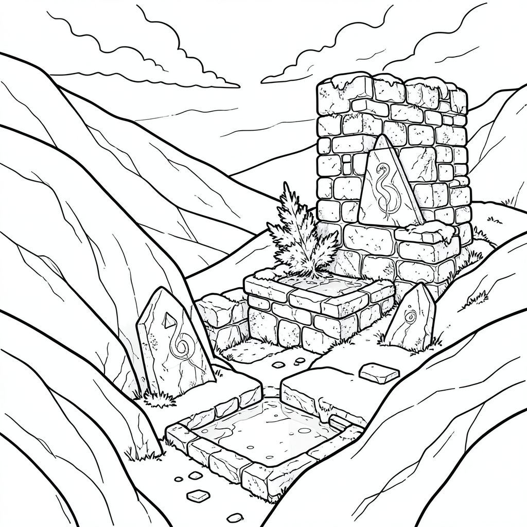 Tuyết chảy vào thung lũng, một làn trắng chậm rãi, có chủ ý quét qua các sườn đá granit của Sống Lưng Xà. Một hoàng hôn vĩnh viễn ngự trị, mặt trời là một ký ức xa xôi, đằng sau một bức màn xoáy của những đám mây bầm tím. Không khí nặng nề với mùi thông và đất ướt, một mùi khoáng lạnh cắn vào lỗ mũi.

Bên dưới, nép mình trong một hẻm núi hẹp được chạm khắc bởi băng cổ, là tàn tích của một tháp canh bị lãng quên. Đó không phải là một công trình kiến trúc hoành tráng, hùng vĩ, mà là một tập hợp các khối đá bị phong hóa, phủ đầy rêu, được sắp xếp bừa bãi. Bản thân những viên đá là một đốm -, bị nhuốm màu bởi mưa và gió hàng thế kỷ. Một bụi cây bách xù còi cọc duy nhất bám vào gốc của một trong những khối lớn hơn, lá của nó tương phản hoàn toàn với tảng đá bị tắt tiếng.

Một con đường hẹp, gần như vô hình uốn lượn giữa các dãy nhà, dẫn đến một chậu đá đổ nát. Lưu vực chứa đầy một vũng nước tù đọng, phản chiếu bầu trời như một tấm gương bị vỡ. Rải rác giữa những tảng đá là những mảnh đá phiến, được làm mịn bởi sự xói mòn không ngừng của thời gian. Một đống tuyết duy nhất, được hình thành hoàn hảo, một màu trắng gần như ma quái, nằm ngay bên kia con đường, che khuất một phần một phiến đá nhỏ, hình chữ nhật.

Phiến đá có hình dạng bất thường - gần như hình tam giác, với một vết lõm nhẹ ở trung tâm của nó. Nó được bao phủ bởi một lớp địa y mỏng, màu bạc. Một nét khắc mờ nhạt, gần như không thể nhận thấy chạy dọc theo bề mặt của nó, giống như một con rắn cách điệu cuộn quanh một con mắt nhắm nghiền.

Bản thân tuyết dày nhất gần chân tháp, dần dần mỏng đi khi nó dâng lên vùng đất cao hơn. Những mảng rêu nhỏ đông lạnh bám vào đá, tạo ra một hoa văn tinh tế, run rẩy.

Ấn tượng tổng thể là một trong những sự phân rã sâu sắc, lặng lẽ. Các tàn tích không bị hư hại tích cực, mà sở hữu một sự u sầu chậm rãi, kiên nhẫn. * PHIẾN ĐÁ Phiến đá có hình tam giác, cao khoảng sáu feet và rộng bốn feet. Đá là một , gần như trong mờ , nhuộm bằng một mạng lưới , các đường xoáy giống như sương giá. Địa y bao phủ bề mặt là một , gần như không tự nhiên, . Vết lõm ở trung tâm là và nhẵn, đá xuất hiện để hấp thụ . Một ánh sáng lấp lánh tinh tế, gần như không thể nhận thấy chạy trên bề mặt của nó, giống như sức nóng bốc lên từ một hòn đá.

Các vết xước, giống như các đường gân nhỏ, đan chéo trên bề mặt, vạch ra một con đường từ trung tâm ra ngoài. Chúng không phải là ngẫu nhiên; Chúng tạo thành một mô hình lặp đi lặp lại của các đường ngắn, sắc nét, giống như đường viền của cánh chim.

Các cạnh của phiến đá hơi tròn, cho thấy nó đã từng được làm mịn bởi các yếu tố. Một vết lõm duy nhất, rất nhỏ, hầu như không nhìn thấy, nằm gần đáy của tam giác. Đó là một vết lõm hoàn hảo, thu nhỏ, giống như một con mắt nhỏ, bị mất.

Viên đá mát mẻ khi chạm vào, gần như không tự nhiên. Một mùi đất thoang thoảng, giống như đất ẩm và đá cổ, tỏa ra từ nó., trang màu, nghệ thuật đường nét, nền trắng