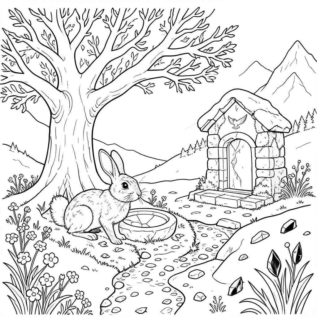 Tuyết chảy vào thung lũng, một làn trắng chậm rãi, nhớt làm mềm những đỉnh núi lởm chởm của Dãy núi Răng Rồng. Một hoàng hôn vĩnh viễn ngự trị ở đây, mặt trời là một ký ức xa xôi bị nuốt chửng bởi độ cao lớn. Không khí cắn vào hơi lạnh như băng, mang theo mùi hương của thông và đá ướt.

Bên dưới một cây sồi cổ thụ rộng lớn, rễ dày như thân của một người đàn ông, là một khoảng trống nhỏ, phủ đầy rêu. Một chậu đá duy nhất, được tạo hình hoàn hảo nằm ở trung tâm của nó, phản chiếu sự im lặng như một tấm gương vỡ. Xung quanh lưu vực, một con đường hẹp, quanh co, hầu như không thể nhận ra bên dưới một tấm thảm lá rụng, dẫn đến một cấu trúc bằng đá đổ nát - một ngôi đền bị phong hóa, bề mặt của nó được bao phủ bởi địa y và một bức chạm khắc duy nhất, mờ nhạt của một con chim ưng đang bay vút.

Mặt đất là một mảng chắp vá của đá granit và đá phiến sét, nhuộm màu cặn bã của nhiều thế kỷ thời tiết. Những bông hoa dại nhỏ, ngoan cường - những bông hoa quên tôi và thanh vàng mỏng manh - bám vào mép đường, màu sắc của chúng tương phản hoàn toàn với phong cảnh đơn sắc. Một dòng suối nhỏ, chỉ hơn một giọt nước, uốn lượn qua bãi đất trống, nước lạnh như băng. Rải rác giữa những tảng đá là những mảnh đá obsidian được đánh bóng, phản chiếu đôi mắt nhỏ bé như vậy.

Một chiếc xe trượt tuyết duy nhất, đối xứng hoàn hảo, gần như là một cảnh quan thu nhỏ, nằm ngay bên ngoài ngôi đền. Đó là một màu trắng gần như ma quái, và dường như hấp thụ . 

Đối tượng là một con Thỏ tuyết đơn lẻ. Bộ lông của nó là một màu thầm lặng, gần như màu của đá phiến ướt, và tai của nó dài và nhọn, đầu có một tua rua trắng mỏng manh, gần như không nhìn thấy. Đôi mắt của nó to và nằm trong khuôn mặt của nó, và sở hữu một trí thông minh đáng kinh ngạc. Đuôi của nó dài và hơi cong, kết thúc bằng một búi trắng nhỏ, mịn. Nó hơi cuộn tròn, như thể đang ngủ.

Chân của thỏ rừng mảnh mai và duyên dáng, kết thúc bằng bàn chân mỏng manh, có đệm. Nó được đặt hơi lệch sang bên trái của chậu, đầu hơi quay sang một bên, như thể đang quan sát thứ gì đó không nhìn thấy., trang màu, nghệ thuật đường nét, nền trắng