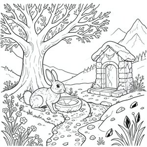 Tuyết chảy vào thung lũng, một làn trắng chậm rãi, nhớt làm mềm những đỉnh núi lởm chởm của Dãy núi Răng Rồng. Một hoàng hôn vĩnh viễn ngự trị ở đây, mặt trời là một ký ức xa xôi bị nuốt chửng bởi độ cao lớn. Không khí cắn vào hơi lạnh như băng, mang theo mùi hương của thông và đá ướt.

Bên dưới một cây sồi cổ thụ rộng lớn, rễ dày như thân của một người đàn ông, là một khoảng trống nhỏ, phủ đầy rêu. Một chậu đá duy nhất, được tạo hình hoàn hảo nằm ở trung tâm của nó, phản chiếu sự im lặng như một tấm gương vỡ. Xung quanh lưu vực, một con đường hẹp, quanh co, hầu như không thể nhận ra bên dưới một tấm thảm lá rụng, dẫn đến một cấu trúc bằng đá đổ nát - một ngôi đền bị phong hóa, bề mặt của nó được bao phủ bởi địa y và một bức chạm khắc duy nhất, mờ nhạt của một con chim ưng đang bay vút.

Mặt đất là một mảng chắp vá của đá granit và đá phiến sét, nhuộm màu cặn bã của nhiều thế kỷ thời tiết. Những bông hoa dại nhỏ, ngoan cường - những bông hoa quên tôi và thanh vàng mỏng manh - bám vào mép đường, màu sắc của chúng tương phản hoàn toàn với phong cảnh đơn sắc. Một dòng suối nhỏ, chỉ hơn một giọt nước, uốn lượn qua bãi đất trống, nước lạnh như băng. Rải rác giữa những tảng đá là những mảnh đá obsidian được đánh bóng, phản chiếu đôi mắt nhỏ bé như vậy.

Một chiếc xe trượt tuyết duy nhất, đối xứng hoàn hảo, gần như là một cảnh quan thu nhỏ, nằm ngay bên ngoài ngôi đền. Đó là một màu trắng gần như ma quái, và dường như hấp thụ . 

Đối tượng là một con Thỏ tuyết đơn lẻ. Bộ lông của nó là một màu thầm lặng, gần như màu của đá phiến ướt, và tai của nó dài và nhọn, đầu có một tua rua trắng mỏng manh, gần như không nhìn thấy. Đôi mắt của nó to và nằm trong khuôn mặt của nó, và sở hữu một trí thông minh đáng kinh ngạc. Đuôi của nó dài và hơi cong, kết thúc bằng một búi trắng nhỏ, mịn. Nó hơi cuộn tròn, như thể đang ngủ.

Chân của thỏ rừng mảnh mai và duyên dáng, kết thúc bằng bàn chân mỏng manh, có đệm. Nó được đặt hơi lệch sang bên trái của chậu, đầu hơi quay sang một bên, như thể đang quan sát thứ gì đó không nhìn thấy., trang màu, nghệ thuật đường nét, nền trắng