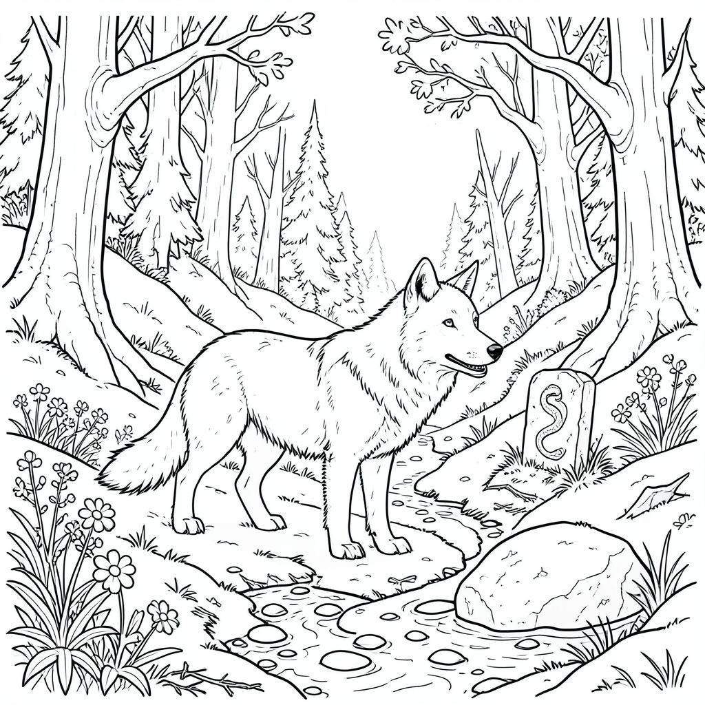 Những sườn núi phủ đầy tuyết của Cột sống của Xà đột ngột mọc lên từ một đáy thung lũng bị nghẹt thở bởi rêu và phần xương còn sót lại của những cây thông cổ đại. Một hoàng hôn vĩnh viễn bám vào hạ lưu, được lọc qua một tán cây sồi cao chót vót, phủ đầy địa y. Không khí có mùi đất ẩm ướt và lá mục nát, mang theo mùi thơm thoang thoảng. Một dòng suối hẹp, uốn lượn, nghẹn ngào bởi những tảng đá nhẵn, cắt qua đáy thung lũng, nước của nó là băng hà. Rải rác giữa những cây thông, là những mảng hoa dại gần như hung hăng - một sự tương phản đáng kinh ngạc với màu xanh lá cây và nâu trầm lặng. Một điểm đánh dấu bằng đá duy nhất, bị phong hóa, được chạm khắc bằng một con rắn cách điệu cuộn quanh một ngọn núi, đánh dấu rìa của một bãi đất trống nhỏ, mọc um tùm. Mặt đất không bằng phẳng, được bao phủ bởi một lớp lá thông rụng dày và những cành cây nhỏ, giòn. Một tảng đá nhỏ, phủ đầy rêu, có hình dạng giống như một con rồng đang ngủ, nằm chìm một phần trong dòng suối.

Một con sói trắng như tuyết, có kích thước xấp xỉ một lớn, đứng đứng ở trung tâm của bãi đất trống. Bộ lông của nó là một , gần như sáng, hòa quyện hoàn hảo với tuyết. Đầu của con sói hơi nghiêng, tai của nó nghiêng về phía trước, và đôi mắt của nó rõ ràng, thông minh một cách đáng kinh ngạc . Đuôi của nó dài và rậm rạp, đầu có một ngọn lửa trắng nhẹ. Mõm của sói hơi dài, răng nhọn và nhọn. Tư thế của nó thoải mái, một sự tỉnh táo tinh tế tỏa ra từ tư thế của nó. Bàn chân của con sói hơi xòe ra, cho thấy một tư thế thận trọng, quan sát. Tuyết xung quanh chân của nó hơi xù, cho thấy một chuyển động gần đây. Một mảng rêu nhỏ bám vào bộ lông dày của nó. Ánh mắt của con sói dán chặt vào một điểm xa xăm, như thể đang khảo sát môi trường xung quanh., trang màu, nghệ thuật đường nét, nền trắng