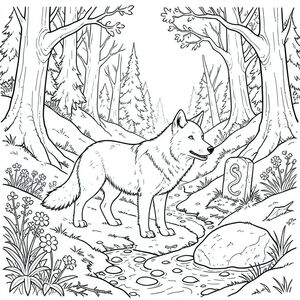 Những sườn núi phủ đầy tuyết của Cột sống của Xà đột ngột mọc lên từ một đáy thung lũng bị nghẹt thở bởi rêu và phần xương còn sót lại của những cây thông cổ đại. Một hoàng hôn vĩnh viễn bám vào hạ lưu, được lọc qua một tán cây sồi cao chót vót, phủ đầy địa y. Không khí có mùi đất ẩm ướt và lá mục nát, mang theo mùi thơm thoang thoảng. Một dòng suối hẹp, uốn lượn, nghẹn ngào bởi những tảng đá nhẵn, cắt qua đáy thung lũng, nước của nó là băng hà. Rải rác giữa những cây thông, là những mảng hoa dại gần như hung hăng - một sự tương phản đáng kinh ngạc với màu xanh lá cây và nâu trầm lặng. Một điểm đánh dấu bằng đá duy nhất, bị phong hóa, được chạm khắc bằng một con rắn cách điệu cuộn quanh một ngọn núi, đánh dấu rìa của một bãi đất trống nhỏ, mọc um tùm. Mặt đất không bằng phẳng, được bao phủ bởi một lớp lá thông rụng dày và những cành cây nhỏ, giòn. Một tảng đá nhỏ, phủ đầy rêu, có hình dạng giống như một con rồng đang ngủ, nằm chìm một phần trong dòng suối.

Một con sói trắng như tuyết, có kích thước xấp xỉ một lớn, đứng đứng ở trung tâm của bãi đất trống. Bộ lông của nó là một , gần như sáng, hòa quyện hoàn hảo với tuyết. Đầu của con sói hơi nghiêng, tai của nó nghiêng về phía trước, và đôi mắt của nó rõ ràng, thông minh một cách đáng kinh ngạc . Đuôi của nó dài và rậm rạp, đầu có một ngọn lửa trắng nhẹ. Mõm của sói hơi dài, răng nhọn và nhọn. Tư thế của nó thoải mái, một sự tỉnh táo tinh tế tỏa ra từ tư thế của nó. Bàn chân của con sói hơi xòe ra, cho thấy một tư thế thận trọng, quan sát. Tuyết xung quanh chân của nó hơi xù, cho thấy một chuyển động gần đây. Một mảng rêu nhỏ bám vào bộ lông dày của nó. Ánh mắt của con sói dán chặt vào một điểm xa xăm, như thể đang khảo sát môi trường xung quanh., trang màu, nghệ thuật đường nét, nền trắng