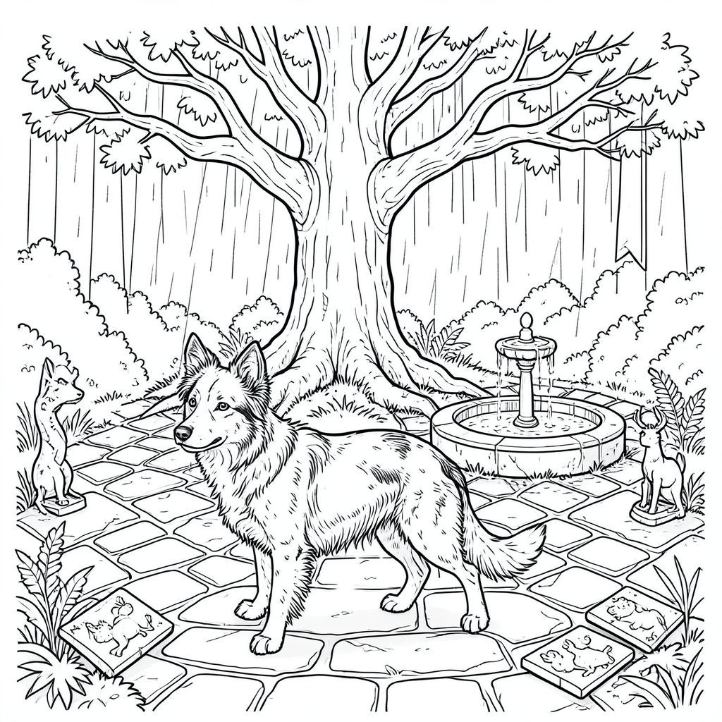 Mưa trút xuống những viên đá cuội của Quảng trường Veridian, một quảng trường ẩm ướt vĩnh viễn phủ đầy rêu nép mình trong trung tâm của Rừng Silverwood. Ánh sáng mặt trời, bị phá vỡ bởi tán cây dày đặc phía trên, vẽ hình vuông trong một bức tranh khảm dịch chuyển của và . Một cây sồi cổ thụ duy nhất, cành của nó gồ ghề và vươn tới như những ngón tay xương, chiếm ưu thế ở giữa, rễ của nó lộ ra một phần, bám vào mặt đất không bằng phẳng. Bản thân quảng trường nhỏ, hầu như không đủ rộng cho hàng chục người, và được lát bằng đá phiến không bằng phẳng bị mòn nhẵn bởi hàng thế kỷ qua lại. Một đài phun nước nhỏ, liên tục nhỏ giọt đứng bên cạnh gốc cây sồi, nước của nó nhỏ giọt vào một lưu vực nông, phủ đầy rêu. Rải rác giữa những tảng đá là tàn tích của một lễ hội đã bị lãng quên từ lâu - những mảnh vỡ của các biểu ngữ rực rỡ, một bức tượng hươu đực bị xỉn màu và một vài viên gạch men sứt mẻ mô tả các sinh vật rừng cách điệu. Không khí có mùi đất ẩm ướt, lá mục nát và mùi thoang thoảng do mưa.

Một con Border Collie xám xịt, dài khoảng 40 cm, được đặt tự nhiên giữa những tảng đá. Bộ lông của nó là một , lốm đốm, gần như dưới mưa, với một ánh sáng tinh tế, gần như không thể nhận thấy, ở mõm của nó. Đuôi của dài và hơi cong, giơ thấp như thể luôn cảnh giác. Đôi mắt của nó là một sự giật mình, thông minh, tập trung chăm chú vào một điểm ngay bên ngoài rìa quảng trường. Tai của nó hơi hướng về phía trước, nghiêng để đón tiếng mưa. Tư thế của nó là thoải mái, một chuyển động tinh tế, gần như uể oải gợi ý một sự quan sát yên tĩnh. Mõm của hơi dài, một dấu hiệu tinh tế về giống chó của nó. Nó hơi hướng sang trái, hơi nghiêng đầu. Bàn chân của hơi xòe ra, như thể nó đã nghỉ ngơi được một thời gian. *

[HỆ THỐNG: QUẢNG TRƯỜNG VERIDIAN - CHI TIẾT]

Quảng trường là một cảnh quan thu nhỏ của đá ẩm ướt và thảm thực vật mục nát. Rễ của cây sồi là một khối rối rắm, bị che khuất một phần bởi một tấm thảm rêu và dương xỉ dày. Một mảng cỏ dẹt nhỏ, hình tròn nằm ở trung tâm, phản chiếu ánh sáng mặt trời ít ỏi. Một chiếc ghế gỗ bị phong hóa, bị sụp đổ một phần, nằm gần gốc cây sồi, cung cấp một chiếc ghế nhỏ, có mái che. Một chiếc đèn lồng sắt rỉ sét duy nhất treo bấp bênh trên một cành cây mỏng, tỏa ra ánh sáng yếu ớt. Mưa tiếp tục rơi, tạo ra một làn sương mù liên tục, nhẹ nhàng. Mặt đường đá không bằng phẳng, có nhiều vết nứt và lõm nhỏ. Ấn tượng tổng thể là một trong những sự tĩnh lặng, u sầu. * SINGLE DOG, trang màu, nghệ thuật đường nét, nền trắng