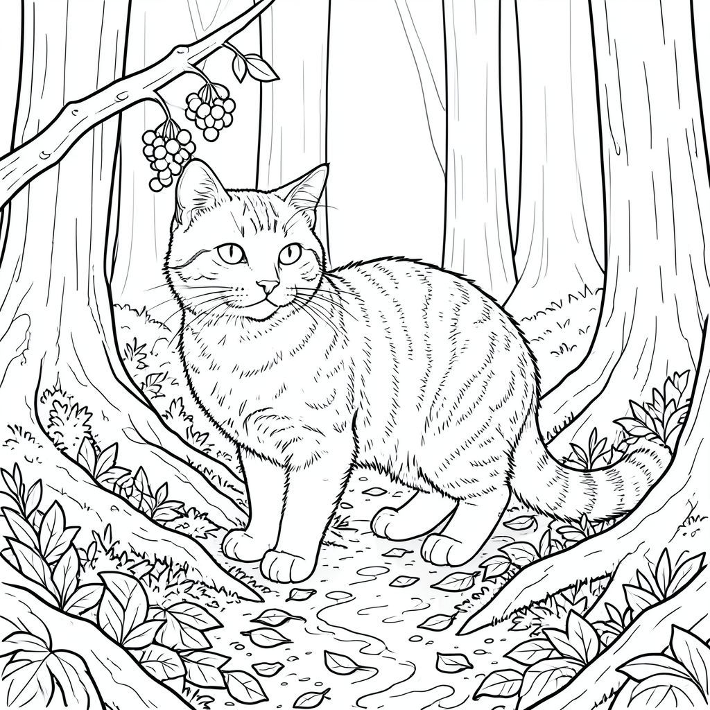 Đây là điểm khởi đầu. Hãy tập trung vào con mèo. MÈO là một con mèo lớn, mướp, dài khoảng 18 inch từ mũi đến đuôi. Bộ lông của nó dày và hơi thô, với lớp lông tơ đáng chú ý mang lại cho nó một kết cấu sang trọng. Cơ thể dài và hơi gù, tạo cho nó một tư thế trang nghiêm, hơi cảnh giác. Đầu của nó rộng và tròn, với một chiếc mũi nổi bật, hơi dẹt. Tai lớn và hình tam giác, đầu có một đầu nhọn mượt như nhung. Đôi mắt là một màu đáng kinh ngạc, gần như sáng, nằm trong hộp sọ. Chúng hơi trầm xuống, cho thấy một biểu hiện trầm tư. Râu dài và nhạy cảm, cong lên trên và ra ngoài. Bộ lông trên ngực của nó đặc biệt dày và dày, tạo ra hiệu ứng gợn sóng tinh tế. Bàn chân lớn và có đệm, với các ngón chân hơi có màng. Đuôi dài và dày, thuôn nhọn đến một điểm cùn. Có một vết sẹo tinh tế, gần như không thể nhận thấy, ngay phía trên mắt trái của nó - một đường nhỏ. Ấn tượng tổng thể là một trong những sức mạnh thầm lặng và một bầu không khí bí ẩn tinh tế.

--- BỐI CẢNH BÊN NGOÀI Nền là một nền rừng rậm rạp, cổ kính. Mặt đất là một sự chắp vá của những chiếc lá rụng - sự pha trộn của, cháy và phai màu - tạo ra một bề mặt có kết cấu, hơi ẩm. Rêu, một , , bám vào gốc của một số rễ cây lớn, gồ ghề, bị che khuất một phần bởi tán lá. Một cành đơn, dày, phủ một thác quả mọng, có thể nhìn thấy một phần, nghiêng về bên trái. Khuếch tán và thấp, gợi ý một buổi chiều u ám. Cây chủ yếu cao và mảnh mai, với vỏ dày, có kết cấu với sắc thái của và. Một dòng suối nhỏ, nhỏ giọt, hầu như không thể nhìn thấy qua bụi rậm, uốn khúc qua trung tâm của cảnh, phản chiếu sự im lặng. Ấn tượng tổng thể là một trong những không gian rừng hẻo lánh, hơi u sầu. Độ sâu trường ảnh nông, với các yếu tố tiền cảnh hơi mờ và hậu cảnh sắc nét hơn một chút., trang màu, nghệ thuật đường nét, nền trắng