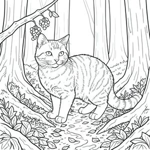 Đây là điểm khởi đầu. Hãy tập trung vào con mèo. MÈO là một con mèo lớn, mướp, dài khoảng 18 inch từ mũi đến đuôi. Bộ lông của nó dày và hơi thô, với lớp lông tơ đáng chú ý mang lại cho nó một kết cấu sang trọng. Cơ thể dài và hơi gù, tạo cho nó một tư thế trang nghiêm, hơi cảnh giác. Đầu của nó rộng và tròn, với một chiếc mũi nổi bật, hơi dẹt. Tai lớn và hình tam giác, đầu có một đầu nhọn mượt như nhung. Đôi mắt là một màu đáng kinh ngạc, gần như sáng, nằm trong hộp sọ. Chúng hơi trầm xuống, cho thấy một biểu hiện trầm tư. Râu dài và nhạy cảm, cong lên trên và ra ngoài. Bộ lông trên ngực của nó đặc biệt dày và dày, tạo ra hiệu ứng gợn sóng tinh tế. Bàn chân lớn và có đệm, với các ngón chân hơi có màng. Đuôi dài và dày, thuôn nhọn đến một điểm cùn. Có một vết sẹo tinh tế, gần như không thể nhận thấy, ngay phía trên mắt trái của nó - một đường nhỏ. Ấn tượng tổng thể là một trong những sức mạnh thầm lặng và một bầu không khí bí ẩn tinh tế.

--- BỐI CẢNH BÊN NGOÀI Nền là một nền rừng rậm rạp, cổ kính. Mặt đất là một sự chắp vá của những chiếc lá rụng - sự pha trộn của, cháy và phai màu - tạo ra một bề mặt có kết cấu, hơi ẩm. Rêu, một , , bám vào gốc của một số rễ cây lớn, gồ ghề, bị che khuất một phần bởi tán lá. Một cành đơn, dày, phủ một thác quả mọng, có thể nhìn thấy một phần, nghiêng về bên trái. Khuếch tán và thấp, gợi ý một buổi chiều u ám. Cây chủ yếu cao và mảnh mai, với vỏ dày, có kết cấu với sắc thái của và. Một dòng suối nhỏ, nhỏ giọt, hầu như không thể nhìn thấy qua bụi rậm, uốn khúc qua trung tâm của cảnh, phản chiếu sự im lặng. Ấn tượng tổng thể là một trong những không gian rừng hẻo lánh, hơi u sầu. Độ sâu trường ảnh nông, với các yếu tố tiền cảnh hơi mờ và hậu cảnh sắc nét hơn một chút., trang màu, nghệ thuật đường nét, nền trắng