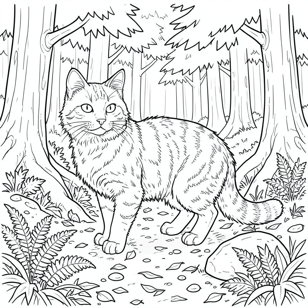 Đây là quy trình. Hãy bắt đầu với con mèo. MÈO là một con mướp lớn, hoang dã, dài khoảng 18 inch từ mũi đến đuôi. Bộ lông của nó là một , phong phú, gần như , với các hoa văn tinh tế, thay đổi dọc theo cột sống và mặt dưới của đuôi. Bộ lông rậm rạp và hơi xù lông, tạo cho nó một vẻ ngoài hơi hoang dã. Khuôn mặt của nó đặc biệt nổi bật - mõm hẹp, hơi dẹt, đôi mắt to, thông minh đặt trong khuôn mặt và mũi hơi dẹt rõ rệt. Tai to, hình tam giác và nhọn, với một đường cong tinh tế đến đầu. Râu của nó dài, dày và , kéo dài gần đến chóp mũi. Một vết sẹo nhỏ, gần như không thể nhận thấy chạy chéo qua mắt trái của nó, một đường thẳng. Bàn chân của nó lớn và hơi có màng, với móng vuốt dài và hơi cong. Tư thế là một trong những sự tỉnh táo yên tĩnh - hơi nghiêng người về phía trước, một sự co giật tinh tế của đuôi. Có một cảm giác tĩnh lặng cổ xưa, cảnh giác.

--- BỐI CẢNH BÊN NGOÀI Hậu cảnh là một sàn rừng rậm rạp, cổ kính, tắm trong sự mềm mại, khuếch tán của chiều muộn. Mặt đất là một mảng chắp vá của ẩm ướt, đất và lá rụng, chủ yếu có màu đất son và đất son. Một tảng đá nhỏ, phủ đầy rêu nằm hơi lệch tâm ở tiền cảnh, che khuất một phần một mảng dương xỉ. Cây cao chót vót và gồ ghề, với vỏ cây dày và tán lá thường xanh rậm rạp. Các bộ lọc xuyên qua những chiếc lá theo các hoa văn lốm đốm, tạo ra một bức tranh khảm của và trên sàn rừng. Có một vài viên đá nhỏ, nhẵn, nằm rải rác giữa những chiếc lá. Ấn tượng tổng thể là một trong những sự cô đơn yên tĩnh và cảm giác tuổi tác. Màu sắc bị tắt tiếng, chủ yếu là màu xanh lá cây, nâu và xám, với độ dốc tinh tế đến . Phối cảnh hơi thấp, nhấn mạnh chiều cao và chiều sâu của khu rừng. Một con đường duy nhất, hơi mờ, uốn lượn qua bụi rậm., trang màu, nghệ thuật đường nét, nền trắng