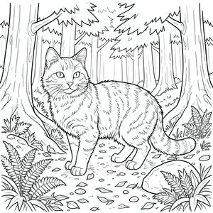 Đây là quy trình. Hãy bắt đầu với con mèo. MÈO là một con mướp lớn, hoang dã, dài khoảng 18 inch từ mũi đến đuôi. Bộ lông của nó là một , phong phú, gần như , với các hoa văn tinh tế, thay đổi dọc theo cột sống và mặt dưới của đuôi. Bộ lông rậm rạp và hơi xù lông, tạo cho nó một vẻ ngoài hơi hoang dã. Khuôn mặt của nó đặc biệt nổi bật - mõm hẹp, hơi dẹt, đôi mắt to, thông minh đặt trong khuôn mặt và mũi hơi dẹt rõ rệt. Tai to, hình tam giác và nhọn, với một đường cong tinh tế đến đầu. Râu của nó dài, dày và , kéo dài gần đến chóp mũi. Một vết sẹo nhỏ, gần như không thể nhận thấy chạy chéo qua mắt trái của nó, một đường thẳng. Bàn chân của nó lớn và hơi có màng, với móng vuốt dài và hơi cong. Tư thế là một trong những sự tỉnh táo yên tĩnh - hơi nghiêng người về phía trước, một sự co giật tinh tế của đuôi. Có một cảm giác tĩnh lặng cổ xưa, cảnh giác.

--- BỐI CẢNH BÊN NGOÀI Hậu cảnh là một sàn rừng rậm rạp, cổ kính, tắm trong sự mềm mại, khuếch tán của chiều muộn. Mặt đất là một mảng chắp vá của ẩm ướt, đất và lá rụng, chủ yếu có màu đất son và đất son. Một tảng đá nhỏ, phủ đầy rêu nằm hơi lệch tâm ở tiền cảnh, che khuất một phần một mảng dương xỉ. Cây cao chót vót và gồ ghề, với vỏ cây dày và tán lá thường xanh rậm rạp. Các bộ lọc xuyên qua những chiếc lá theo các hoa văn lốm đốm, tạo ra một bức tranh khảm của và trên sàn rừng. Có một vài viên đá nhỏ, nhẵn, nằm rải rác giữa những chiếc lá. Ấn tượng tổng thể là một trong những sự cô đơn yên tĩnh và cảm giác tuổi tác. Màu sắc bị tắt tiếng, chủ yếu là màu xanh lá cây, nâu và xám, với độ dốc tinh tế đến . Phối cảnh hơi thấp, nhấn mạnh chiều cao và chiều sâu của khu rừng. Một con đường duy nhất, hơi mờ, uốn lượn qua bụi rậm., trang màu, nghệ thuật đường nét, nền trắng