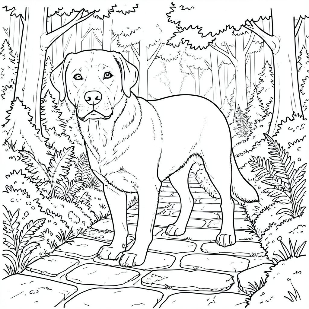 . Đối tượng: Một đơn, Labrador được đặt hơi nghiêng, đầu quay về phía người xem. Đó là một trưởng thành, khoảng 6 tuổi, với khuôn mặt hơi nhăn nheo và biểu cảm dịu dàng, thông minh. Bộ lông của nó rậm rạp, ngắn , giáp với một - dưới ánh sáng mặt trời. Bộ lông hơi mờ ở những nơi, đặc biệt là quanh cổ và gốc tai của nó. Chân của dài và vạm vỡ, kết thúc bằng bàn chân hơi dang rộng. Đuôi của nó dài và dày, hơi cong xuống dưới, và được giấu gọn gàng bên dưới cơ thể. Mũi của là một , ướt , và đôi mắt của nó là một , có hồn, với một ánh sáng lấp lánh nhẹ, hiểu biết. Có một vết sẹo tinh tế, gần như không thể nhận thấy ngay phía trên mắt trái của nó, một đường nhỏ. Ấn tượng tổng thể là một trong những phẩm giá yên tĩnh và một chút u sầu. Bối cảnh: Con đường đá phủ đầy rêu Hậu cảnh là một góc nhìn được hiển thị tỉ mỉ, hơi cao về một con đường đá hẹp, quanh co. Những viên đá có nhiều kích cỡ và kết cấu khác nhau - một số nhẵn và tròn, một số khác lởm chởm và không đều. Đá chủ yếu là một loại đất im lặng, với các mảng địa y và rêu mọc trong sắc thái của và . Con đường uốn cong nhẹ nhàng xuống dưới, biến mất vào một khu rừng rậm rạp. Mềm mại và khuếch tán, lọc qua tán cây phía trên, tạo hiệu ứng lốm đốm trên đá. Khu rừng bao gồm nhiều loại cây thường xanh - chủ yếu là cây sồi và cây phong - với mật độ dương xỉ cao và cây bụi mọc thấp. Ấn tượng tổng thể là một trong những sự yên tĩnh, vượt thời gian. Có một làn sương mù tinh tế ở phía xa, làm dịu các rìa rừng. Những viên đá hơi mòn và được bao phủ bởi một lớp rêu mịn, tạo cảm giác hữu cơ, có kết cấu. Bảng màu chủ đạo là nâu, xanh lá cây và xám, với các biến thể tinh tế về tông màu để bắt chước môi trường tự nhiên. Con đường hơi nứt ở nhiều nơi, làm tăng thêm cảm giác về tuổi tác và lịch sử., trang màu, nghệ thuật đường nét, nền trắng