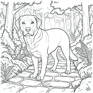 . Đối tượng: Một đơn, Labrador được đặt hơi nghiêng, đầu quay về phía người xem. Đó là một trưởng thành, khoảng 6 tuổi, với khuôn mặt hơi nhăn nheo và biểu cảm dịu dàng, thông minh. Bộ lông của nó rậm rạp, ngắn , giáp với một - dưới ánh sáng mặt trời. Bộ lông hơi mờ ở những nơi, đặc biệt là quanh cổ và gốc tai của nó. Chân của dài và vạm vỡ, kết thúc bằng bàn chân hơi dang rộng. Đuôi của nó dài và dày, hơi cong xuống dưới, và được giấu gọn gàng bên dưới cơ thể. Mũi của là một , ướt , và đôi mắt của nó là một , có hồn, với một ánh sáng lấp lánh nhẹ, hiểu biết. Có một vết sẹo tinh tế, gần như không thể nhận thấy ngay phía trên mắt trái của nó, một đường nhỏ. Ấn tượng tổng thể là một trong những phẩm giá yên tĩnh và một chút u sầu. Bối cảnh: Con đường đá phủ đầy rêu Hậu cảnh là một góc nhìn được hiển thị tỉ mỉ, hơi cao về một con đường đá hẹp, quanh co. Những viên đá có nhiều kích cỡ và kết cấu khác nhau - một số nhẵn và tròn, một số khác lởm chởm và không đều. Đá chủ yếu là một loại đất im lặng, với các mảng địa y và rêu mọc trong sắc thái của và . Con đường uốn cong nhẹ nhàng xuống dưới, biến mất vào một khu rừng rậm rạp. Mềm mại và khuếch tán, lọc qua tán cây phía trên, tạo hiệu ứng lốm đốm trên đá. Khu rừng bao gồm nhiều loại cây thường xanh - chủ yếu là cây sồi và cây phong - với mật độ dương xỉ cao và cây bụi mọc thấp. Ấn tượng tổng thể là một trong những sự yên tĩnh, vượt thời gian. Có một làn sương mù tinh tế ở phía xa, làm dịu các rìa rừng. Những viên đá hơi mòn và được bao phủ bởi một lớp rêu mịn, tạo cảm giác hữu cơ, có kết cấu. Bảng màu chủ đạo là nâu, xanh lá cây và xám, với các biến thể tinh tế về tông màu để bắt chước môi trường tự nhiên. Con đường hơi nứt ở nhiều nơi, làm tăng thêm cảm giác về tuổi tác và lịch sử., trang màu, nghệ thuật đường nét, nền trắng