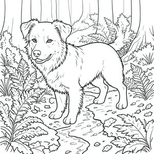 . Đối tượng: Một độc thân là một giống chó nhỏ, cứng cáp - có thể là hỗn hợp Border Collie - đứng trong tư thế hơi nghiêng. Nó hơi hướng về bên trái, với đầu quay về phía người xem. Bộ lông của nó ngắn và rậm rạp, có lốm đốm - với những mảng nhẹ hơn, gần như , trên ngực và hai bên sườn. Đôi mắt của là một , thông minh, hơi tập trung xuống dưới và hơi nheo mắt. Mũi của nó là một , ướt , và miệng của nó hơi há hốc mồm, như thể sắp sủa - một biểu hiện tinh tế, gần như do dự. Bàn chân của hơi cong lại, cho thấy một bước đi nhẹ nhàng. Chân của nó hơi cúi xuống, gợi ý về một chút sa sút trong tư thế của nó. Ấn tượng tổng thể là một trong những sự tỉnh táo thầm lặng và một chút u sầu. Bối cảnh: Sàn rừng cổ thụ rậm rạp Nền là một nền rừng sâu sắc, gần như hoàn toàn đơn sắc. Màu chủ đạo là một màu trầm, mát mẻ - - một bóng râm gợi nhớ đến rêu và đất ẩm. Các mảng địa y sẫm màu hơn, gần như , địa y và lá mục nát nằm rải rác trên mặt đất, tạo ra một bề mặt có kết cấu, không bằng phẳng. Một dòng suối nhỏ, nhỏ giọt cắt qua trung tâm của cảnh, nước của nó a, phản chiếu. Nguồn hơi lệch sang trái, tạo ra một mảnh vụn, thuôn dài từ lên một cụm dương xỉ lớn, mọc gần mép suối. Dương xỉ hơi mờ, cho thấy độ sâu. Hiệu ứng tổng thể là cảm giác tĩnh lặng và già nua, nhấn mạnh sự hiện diện đơn độc của chú chó. Không có cây cối nào có thể nhìn thấy từ xa, chỉ có một mô hình liên tục, nhiều lớp của đất và thảm thực vật ẩm ướt. Nền hơi mờ, tạo cảm giác chiều sâu và khoảng cách., tô màu, line art, nền trắng