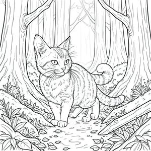 Đây là phần đầu tiên - con mèo.

--- Con mèo là một con mèo lớn, mướp, có kích thước gần bằng một con mèo nhà lớn. Bộ lông của nó dày và hơi xù, tạo cho nó một biểu cảm tò mò liên tục. Khuôn mặt của nó là một mặt nạ của đôi mắt dữ dội, tập trung. Mũi có hình dạng nhỏ, hơi lõm. Bộ râu của nó dài và nổi bật, cong ra ngoài như những nét cọ mỏng manh. Tai của mèo lớn và hình tam giác, đầu có một đường viền tinh tế, . Bàn chân của nó rộng và hơi có màng, cho thấy thân hình gầy. Đuôi dài và dày, cong lên trên và hơi về phía sau, kết thúc bằng một búi nhỏ màu trắng mịn. Bộ lông trên lưng của nó đặc biệt dày đặc và có kết cấu, tạo ra một hoa văn xoáy tinh tế. Nó đang nhìn thẳng vào người xem với một cái nghiêng đầu nhẹ, gần như không thể nhận thấy. Có một nếp nhăn nhẹ trên trán của nó, gợi ý sự chiêm nghiệm. Ấn tượng tổng thể là một trong những sự tỉnh táo thầm lặng và một cảm giác bí ẩn tinh tế.

--- Bối cảnh là một khu rừng cổ thụ rậm rạp. Cây cao và gồ ghề, có vỏ dày. Thân cây có rãnh sâu, gần giống với khuôn mặt của các ông già. Ánh sáng mặt trời lọc yếu qua tán cây, tạo ra các hoa văn lốm đốm của và trên sàn rừng. Rêu dày và bám vào rễ cây. Một dòng suối nhỏ chảy qua trung tâm của hình ảnh, nước a, bùn . Mặt đất được bao phủ bởi một lớp lá rụng, chủ yếu là các sắc thái của và. Một vài cành cây lớn hơn, rụng có thể nhìn thấy, bị che khuất một phần bởi bụi rậm. Cảm giác tổng thể là một trong những vùng hoang dã yên tĩnh, không bị quấy rầy. Phối cảnh hơi thấp, nhấn mạnh chiều cao và chiều sâu của khu rừng. Có những thay đổi tinh tế về màu sắc của vỏ cây, cho thấy tuổi tác và thời tiết. Mềm mại và khuếch tán, tạo ra một bầu không khí mờ mịt., trang màu, nghệ thuật đường nét, nền trắng