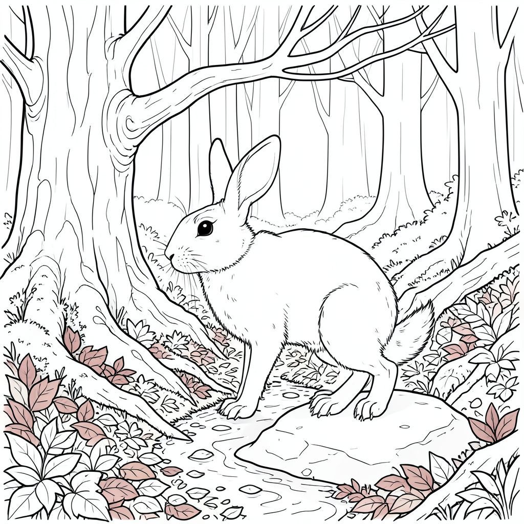 . Động vật: Một con thỏ giày tuyết duy nhất.

Đây là hình vẽ của con thỏ:

[Hình ảnh một con thỏ giày tuyết - hãy tưởng tượng một hình dạng hơi gù, thanh lịch. Thỏ hơi hướng sang trái, tai to và nhọn, mũi nhỏ, . Chân của nó dài và mảnh mai, kết thúc bằng bàn chân mỏng manh, hơi có màng. Bộ lông của nó có màu trắng kem, với một chút tinh tế ở đầu tai và mặt dưới của chân. Đôi mắt của nó to, và sâu, với một ánh sáng thông minh nhẹ. Đuôi thỏ dài và rậm rạp, hơi cong lên trên. Nó đang đứng trên một mỏm đá nhỏ, quay lưng về phía người xem. Nó mềm mại và khuếch tán, làm nổi bật kết cấu của bộ lông của nó.]

--- Bối cảnh: Hậu cảnh là một sàn rừng cổ thụ rậm rạp. Màu chủ đạo là một , rêu , chuyển sang bóng tối hơn, gần như , về phía gốc cây. Các mảng , - rêu bám vào rễ lộ ra của cây đổ. Mặt đất được bao phủ bởi một lớp lá rụng dày - sự pha trộn của màu nâu đỏ, vàng và đỏ trầm. Một cây sồi cổ thụ duy nhất, gồ ghề, chiếm ưu thế ở phía bên trái của khung hình, thân cây dày và có kết cấu có vết nứt. Các cành có xương và vươn lên trên, gần giống như cánh tay. Một dòng suối nhỏ, nhỏ giọt uốn lượn qua trung tâm của hình ảnh, nước của nó có màu bạc-. Nguồn gốc đến từ một vị trí góc cao, hơi bị che khuất, tạo ra những bóng dài, mềm mại trên nền rừng. Ấn tượng tổng thể là một trong những sự yên tĩnh, vượt thời gian và cảm giác phát triển không bị xáo trộn., trang màu, nghệ thuật đường nét, nền trắng