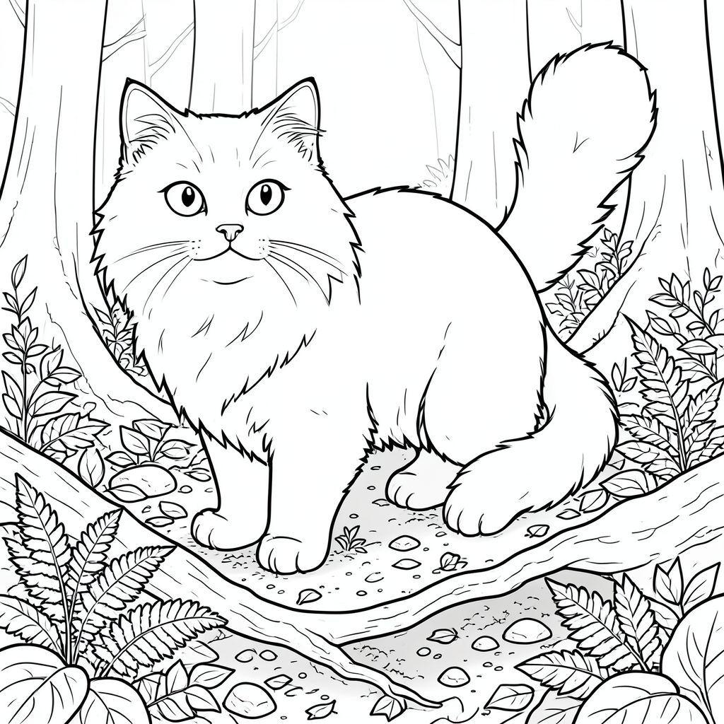 Đây là sự khởi đầu. Hãy bắt đầu với con mèo.

--- Con mèo Con mèo là một con Maine Coon lớn, có kích thước gần bằng một con chó lớn. Bộ lông của nó là một , mượt như nhung, gần như trong bóng tối. Đầu rộng và hơi góc cạnh, trán dốc nổi bật. Đôi mắt của nó to, tròn và đáng kinh ngạc, băng giá - gần như trong . Chúng được đặt trong hộp sọ, tạo cho nó một cái nhìn hơi mãnh liệt. Mũi là một vòng tròn nhỏ, hơi hướng xuống. Miệng là một đường cong tinh tế, gần như không thể nhận thấy, gợi ý một biểu cảm vui tươi, hơi gắt gỏng. Có một đường gờ lông mờ nhạt, tinh tế chạy dọc theo đỉnh đầu, ngay phía trên tai. Tai lớn và hình tam giác, hơi nhọn lên trên và được bao phủ bởi một bộ lông rậm rạp, ngắn. Bàn chân lớn và có đệm, với móng vuốt sắc nhọn, hơi cong. Đuôi dài và dày, lắc lư nhẹ nhàng phía sau nó, kết thúc bằng một chùm lông nhỏ, tròn. Có một đường cong nhẹ, gần như không thể nhận thấy, ở phía sau đầu, cho thấy một độ dốc thoai thoải. Ấn tượng tổng thể là một trong những sức mạnh yên tĩnh, cảnh giác.

--- Bối cảnh – Sàn rừng Hậu cảnh là sàn rừng rậm rạp, cổ kính, tắm trong ánh nắng chiều dịu dàng, khuếch tán. Mặt đất được bao phủ bởi một lớp lá rụng dày - hỗn hợp của, cháy và tắt tiếng - tạo ra một bức tranh khảm kết cấu. Những tảng đá nhỏ, phủ đầy rêu nằm rải rác khắp nơi, xen kẽ với những mảng đất ẩm. Một rễ duy nhất, gồ ghề, dày và , uốn lượn ở phần dưới của khung, bị che khuất một phần bởi một cụm dương xỉ. Điểm nổi bật là một chỗ lõm nhỏ, nông trong lòng đất, để lộ một chút , đất màu mỡ. Hiệu ứng tổng thể là cảm giác tĩnh lặng và cảm giác được bao quanh bởi những khu rừng cổ thụ. Màu sắc bị trầm, chủ yếu là nâu, xanh lá cây và xám, với một chút điểm nổi bật, gần như rực rỡ. Có một làn sương mù nhẹ ở phía xa, làm mềm các mép cây. Phối cảnh hơi nhô lên, nhìn xuống nền rừng., tô màu, line art, nền trắng