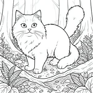 Đây là sự khởi đầu. Hãy bắt đầu với con mèo.

--- Con mèo Con mèo là một con Maine Coon lớn, có kích thước gần bằng một con chó lớn. Bộ lông của nó là một , mượt như nhung, gần như trong bóng tối. Đầu rộng và hơi góc cạnh, trán dốc nổi bật. Đôi mắt của nó to, tròn và đáng kinh ngạc, băng giá - gần như trong . Chúng được đặt trong hộp sọ, tạo cho nó một cái nhìn hơi mãnh liệt. Mũi là một vòng tròn nhỏ, hơi hướng xuống. Miệng là một đường cong tinh tế, gần như không thể nhận thấy, gợi ý một biểu cảm vui tươi, hơi gắt gỏng. Có một đường gờ lông mờ nhạt, tinh tế chạy dọc theo đỉnh đầu, ngay phía trên tai. Tai lớn và hình tam giác, hơi nhọn lên trên và được bao phủ bởi một bộ lông rậm rạp, ngắn. Bàn chân lớn và có đệm, với móng vuốt sắc nhọn, hơi cong. Đuôi dài và dày, lắc lư nhẹ nhàng phía sau nó, kết thúc bằng một chùm lông nhỏ, tròn. Có một đường cong nhẹ, gần như không thể nhận thấy, ở phía sau đầu, cho thấy một độ dốc thoai thoải. Ấn tượng tổng thể là một trong những sức mạnh yên tĩnh, cảnh giác.

--- Bối cảnh – Sàn rừng Hậu cảnh là sàn rừng rậm rạp, cổ kính, tắm trong ánh nắng chiều dịu dàng, khuếch tán. Mặt đất được bao phủ bởi một lớp lá rụng dày - hỗn hợp của, cháy và tắt tiếng - tạo ra một bức tranh khảm kết cấu. Những tảng đá nhỏ, phủ đầy rêu nằm rải rác khắp nơi, xen kẽ với những mảng đất ẩm. Một rễ duy nhất, gồ ghề, dày và , uốn lượn ở phần dưới của khung, bị che khuất một phần bởi một cụm dương xỉ. Điểm nổi bật là một chỗ lõm nhỏ, nông trong lòng đất, để lộ một chút , đất màu mỡ. Hiệu ứng tổng thể là cảm giác tĩnh lặng và cảm giác được bao quanh bởi những khu rừng cổ thụ. Màu sắc bị trầm, chủ yếu là nâu, xanh lá cây và xám, với một chút điểm nổi bật, gần như rực rỡ. Có một làn sương mù nhẹ ở phía xa, làm mềm các mép cây. Phối cảnh hơi nhô lên, nhìn xuống nền rừng., tô màu, line art, nền trắng