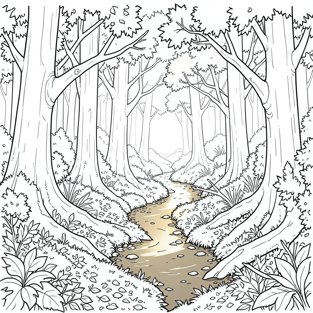 nó một cách chi tiết. Hãy tưởng tượng một buổi chiều hơi u ám.) Bối cảnh là một nền rừng cổ thụ rậm rạp. Mặt đất được bao phủ bởi một lớp lá ẩm ướt dày, xen kẽ với những đám rêu trong bóng râm và rừng. Một dòng suối nhỏ, uốn khúc cắt ngang qua trung tâm của khung cảnh, nước có màu bùn, như pewter. Dòng suối hầu như không nhìn thấy, bị che khuất bởi những tán lá rậm rạp. Cây chủ yếu là cây sồi và cây phong cao, trưởng thành, cành của chúng vươn lên trên trong một mớ lá. Nhiều cành cây hơi cong và rủ xuống, cho thấy một cơn bão gần đây. Được khuếch tán và mềm mại, tạo ra một chất lượng mờ ảo, gần như mơ mộng. Có một vài mảng ánh sáng mặt trời lọc qua tán cây, chiếu sáng những khu vực nhỏ của sàn rừng. Ấn tượng tổng thể là một trong những sự yên tĩnh, vượt thời gian và cảm giác tĩnh lặng bị che khuất. Bảng màu chủ yếu là màu nâu, xanh lá cây và vàng trầm. Không có , màu bão hòa. Trọng tâm là kết cấu của sàn rừng và sự tương tác của và. Một gradient tinh tế, gần như không thể nhận thấy, trong tạo ra cảm giác chiều sâu. Một vài cành cây rụng có thể nhìn thấy, bị che khuất một phần bởi bụi rậm., trang màu, nghệ thuật đường nét, nền trắng