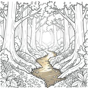 nó một cách chi tiết. Hãy tưởng tượng một buổi chiều hơi u ám.) Bối cảnh là một nền rừng cổ thụ rậm rạp. Mặt đất được bao phủ bởi một lớp lá ẩm ướt dày, xen kẽ với những đám rêu trong bóng râm và rừng. Một dòng suối nhỏ, uốn khúc cắt ngang qua trung tâm của khung cảnh, nước có màu bùn, như pewter. Dòng suối hầu như không nhìn thấy, bị che khuất bởi những tán lá rậm rạp. Cây chủ yếu là cây sồi và cây phong cao, trưởng thành, cành của chúng vươn lên trên trong một mớ lá. Nhiều cành cây hơi cong và rủ xuống, cho thấy một cơn bão gần đây. Được khuếch tán và mềm mại, tạo ra một chất lượng mờ ảo, gần như mơ mộng. Có một vài mảng ánh sáng mặt trời lọc qua tán cây, chiếu sáng những khu vực nhỏ của sàn rừng. Ấn tượng tổng thể là một trong những sự yên tĩnh, vượt thời gian và cảm giác tĩnh lặng bị che khuất. Bảng màu chủ yếu là màu nâu, xanh lá cây và vàng trầm. Không có , màu bão hòa. Trọng tâm là kết cấu của sàn rừng và sự tương tác của và. Một gradient tinh tế, gần như không thể nhận thấy, trong tạo ra cảm giác chiều sâu. Một vài cành cây rụng có thể nhìn thấy, bị che khuất một phần bởi bụi rậm., trang màu, nghệ thuật đường nét, nền trắng