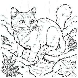 Đây là quy trình. Hãy bắt đầu với con mèo. * Mèo Con mèo là một con mèo lớn, mướp, dài khoảng 18 inch từ mũi đến đuôi. Bộ lông của nó dày và hơi xù, tạo cho nó một vẻ ngoài sống động. Đầu hơi nghiêng, với đường cong nhẹ nhàng đến trán. Đôi mắt to, tròn và màu ấm, nằm trong khuôn mặt mèo. Chúng có độ nghiêng nhẹ lên trên, gợi ý một cái nhìn cảnh giác. Mũi nhỏ, lõm, hơi ướt, có một đường viền tinh tế xung quanh mõm. Râu dài, dày và hơi cong, kéo dài ra ngoài từ hai bên mặt. Tai to, tròn và nhọn, với một lớp lông tinh tế. Miệng hơi há ra, để lộ một chút lưỡi. Có một vết sẹo nhỏ, gần như không thể nhận thấy ngay phía trên mắt trái - một đường thẳng. Bàn chân hơi gập lại, với một vết lõm tinh tế trên miếng đệm. Cơ thể vạm vỡ và hơi gù, truyền tải cảm giác mạnh mẽ yên tĩnh. Kết cấu lông hơi gợn sóng, với ánh sáng tinh tế. * Bối cảnh – Sàn rừng Hậu cảnh là sàn rừng rậm rạp, rêu phong. Mặt đất là một sự chắp vá của, phong phú và rêu. Các mảng dương xỉ , - nằm rải rác khắp cảnh, tạo ra một hoa văn nhấp nhô, có kết cấu. Một dòng suối nhỏ, nông chảy qua trung tâm của ảnh, nước xuất hiện và hơi đục. Khuếch tán, đến từ phía trên và hơi sang trái, tạo ra hiệu ứng mềm mại, lốm đốm. Một vài chiếc lá lớn, rụng - và bị cháy - bị che khuất một phần bởi rêu. Ấn tượng tổng thể là một trong những khu rừng cổ kính, yên tĩnh. Không có cây cối nào có thể nhìn thấy, chỉ có rêu và tinh tế . Hậu cảnh rất mềm và mờ, tạo cảm giác có chiều sâu. Bảng màu chủ yếu là màu xanh lá cây, nâu và dương xỉ. Có những biến thể tinh tế trong giai điệu để tăng thêm tính chân thực. * ---

Bây giờ, tôi đã sẵn sàng cho bước tiếp theo. Bạn có muốn tôi tiếp tục với nền hay bạn muốn tôi tập trung vào một khía cạnh khác của con mèo?, tô màu, nghệ thuật đường nét, nền trắng