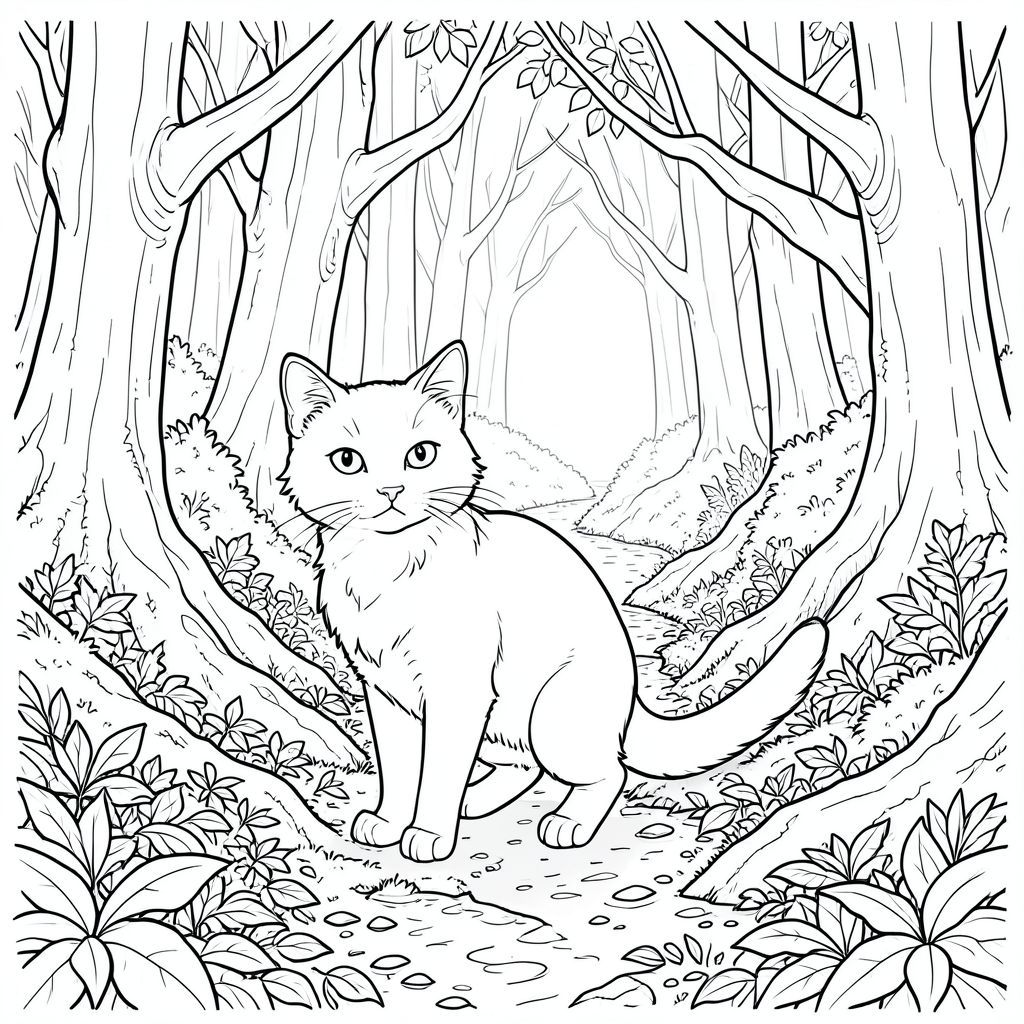Hãy bắt đầu với đối tượng. Đối tượng: Một con mèo đơn và mèo trắng Con mèo được đặt ở vị trí hơi nghiêng, nhìn thẳng vào người xem với vẻ mặt bình tĩnh, hơi cảnh giác. Bộ lông của nó là một , phong phú, với những thay đổi tinh tế về tông màu gợi ý một kết cấu hơi xù. Đầu tương đối nhỏ, với khuôn mặt hơi dẹt, nhấn mạnh đôi mắt to, thông minh – một cái xỏ khuyên, . Tai nhọn và hơi tròn. Cơ thể dài và gầy, hơi thuôn nhọn về phía đuôi. Đuôi dày và vạm vỡ, kết thúc bằng một điểm tinh tế. Bàn chân hơi cong, gợi ý dáng đi thận trọng. Ấn tượng tổng thể là một trong những quan sát yên tĩnh. Hậu cảnh: Bìa rừng rậm Hậu cảnh là một bìa rừng chi tiết tỉ mỉ, được hiển thị trong một bảng màu đất hơi tắt. Mặt đất được bao phủ bởi một lớp lá ẩm ướt dày. Những cây cao chót vót, xù xì chiếm ưu thế, cành của chúng đan xen tạo ra một tán cây phức tạp, gần như ngột ngạt. Ánh sáng mặt trời lọc yếu qua lá, tạo ra các hoa văn lốm đốm của và trên sàn rừng. Một dòng suối nhỏ, phủ đầy rêu chảy qua trung tâm của hình ảnh, phản chiếu sự mờ nhạt. Cây cối chủ yếu là sự pha trộn giữa màu xanh lá cây và màu nâu, với một vài mảng , gần như - rêu bám vào vỏ cây. Phối cảnh hơi lệch, thu hút ánh nhìn vào sâu trong rừng. Có một chất lượng tinh tế, mờ mịt đối với không khí, gợi ý một bầu không khí mát mẻ, ẩm ướt. Cảm giác tổng thể là một trong những vùng hoang dã cổ xưa, không bị xáo trộn. Hậu cảnh không quá chi tiết, tập trung vào kết cấu và hình thức.   ---  <start_of_image>, trang màu, nghệ thuật đường nét, nền trắng