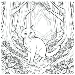 Hãy bắt đầu với đối tượng. Đối tượng: Một con mèo đơn và mèo trắng Con mèo được đặt ở vị trí hơi nghiêng, nhìn thẳng vào người xem với vẻ mặt bình tĩnh, hơi cảnh giác. Bộ lông của nó là một , phong phú, với những thay đổi tinh tế về tông màu gợi ý một kết cấu hơi xù. Đầu tương đối nhỏ, với khuôn mặt hơi dẹt, nhấn mạnh đôi mắt to, thông minh – một cái xỏ khuyên, . Tai nhọn và hơi tròn. Cơ thể dài và gầy, hơi thuôn nhọn về phía đuôi. Đuôi dày và vạm vỡ, kết thúc bằng một điểm tinh tế. Bàn chân hơi cong, gợi ý dáng đi thận trọng. Ấn tượng tổng thể là một trong những quan sát yên tĩnh. Hậu cảnh: Bìa rừng rậm Hậu cảnh là một bìa rừng chi tiết tỉ mỉ, được hiển thị trong một bảng màu đất hơi tắt. Mặt đất được bao phủ bởi một lớp lá ẩm ướt dày. Những cây cao chót vót, xù xì chiếm ưu thế, cành của chúng đan xen tạo ra một tán cây phức tạp, gần như ngột ngạt. Ánh sáng mặt trời lọc yếu qua lá, tạo ra các hoa văn lốm đốm của và trên sàn rừng. Một dòng suối nhỏ, phủ đầy rêu chảy qua trung tâm của hình ảnh, phản chiếu sự mờ nhạt. Cây cối chủ yếu là sự pha trộn giữa màu xanh lá cây và màu nâu, với một vài mảng , gần như - rêu bám vào vỏ cây. Phối cảnh hơi lệch, thu hút ánh nhìn vào sâu trong rừng. Có một chất lượng tinh tế, mờ mịt đối với không khí, gợi ý một bầu không khí mát mẻ, ẩm ướt. Cảm giác tổng thể là một trong những vùng hoang dã cổ xưa, không bị xáo trộn. Hậu cảnh không quá chi tiết, tập trung vào kết cấu và hình thức.   ---  <start_of_image>, trang màu, nghệ thuật đường nét, nền trắng