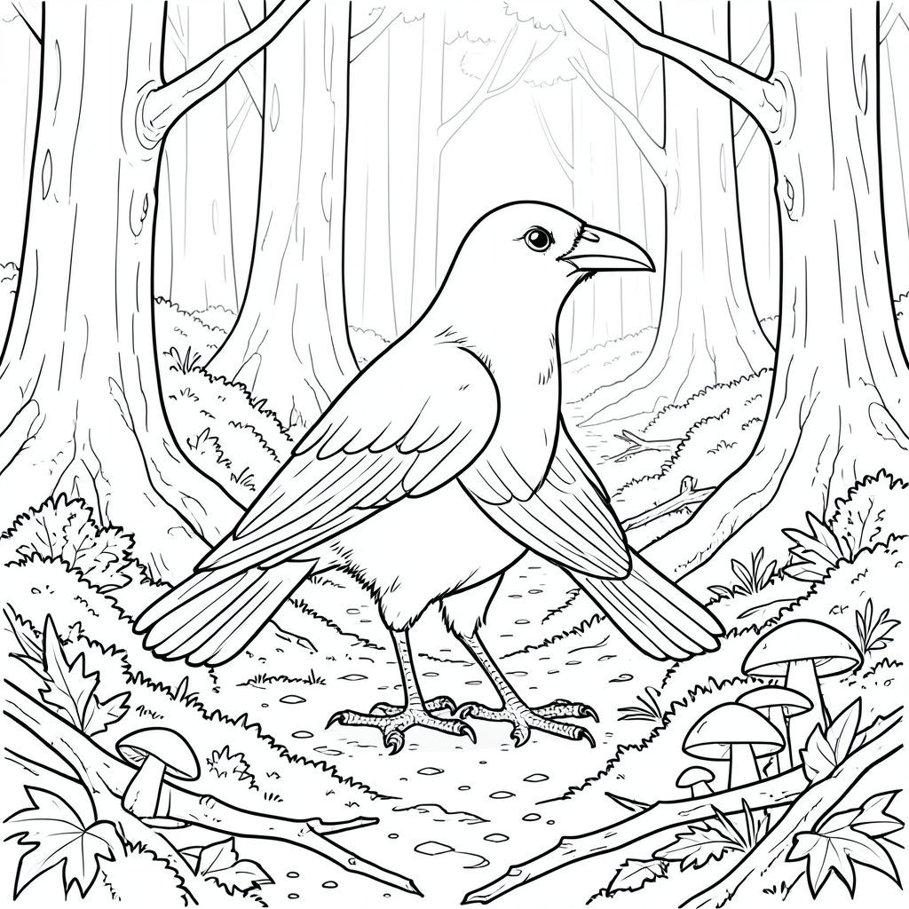 . Đối tượng: Một con quạ duy nhất Con quạ được đặt hơi nghiêng, đầu quay về phía người xem, một cái cổ nghiêng tinh tế truyền tải cảm giác thông minh cảnh giác. Đôi mắt của nó to và , tập trung với cường độ yên tĩnh. Mỏ được xác định rõ ràng, một loại obsidian được đánh bóng. Bộ lông của quạ là một , mượt như nhung , gần như hấp thụ . Đó là một dạng hơi dài, gợi ý một con chim trưởng thành, có kinh nghiệm. Đuôi dài và dày, trái ngược hoàn toàn với phần còn lại của cơ thể, và được uốn cong một cách tinh tế, gợi ý về một chuyển động duyên dáng, mạnh mẽ. Chân của quạ tương đối ngắn và chắc chắn, kết thúc bằng móng vuốt sắc nhọn. Ấn tượng tổng thể là một trong những sự tĩnh lặng trang nghiêm và kiến thức cổ xưa. Bối cảnh: Sàn rừng rậm rạp Nền là một sàn rừng được kết xuất tỉ mỉ, chủ đạo là một tấm thảm rêu ẩm ướt và lá mục nát. Mặt đất không bằng phẳng, có những mảng đất nhỏ và rải rác cành rụng. Ánh sáng mặt trời lọc yếu qua tán cây cổ thụ rậm rạp, tạo ra ánh sáng lốm đốm, thanh tao chiếu sáng khu vực ngay lập tức. Cây chủ yếu cao và mảnh mai, với vỏ cây hơi gồ ghề, có kết cấu. Bảng màu bị tắt tiếng - chủ yếu là các sắc thái của , , và a , gần như - rêu. Có một vài cây được đặt ở vị trí chiến lược, lớn hơn một chút, - nấm nép mình giữa những chiếc lá. Mềm mại và khuếch tán, tạo cảm giác sâu sắc và bí ẩn. Trọng tâm là kết cấu của sàn rừng - độ ẩm, mục nát và sự thay đổi tinh tế về màu sắc của rêu. Một con đường duy nhất, hơi mờ dẫn vào hậu cảnh, gợi ý một tuyến đường khả thi cho khách du lịch. Cảm giác tổng thể là một trong những sự cô đơn yên tĩnh và những bí mật cổ xưa., trang màu, nghệ thuật đường nét, nền trắng