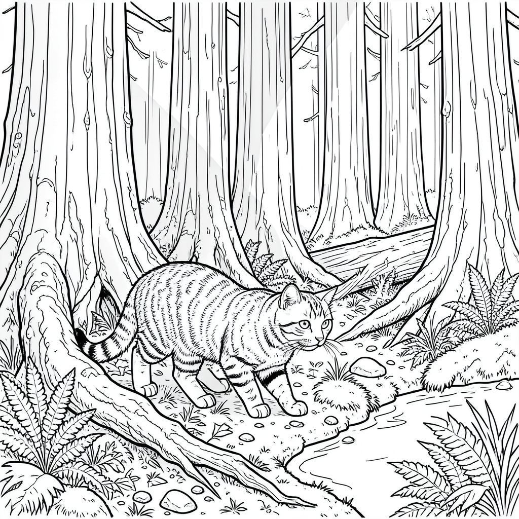 bắt đầu tạo ra và tô màu nghệ thuật đường nét trắng. Dưới đây là mô tả chi tiết, sẵn sàng để bạn hình dung và cuối cùng là tạo ra hình minh họa: Môi trường: Một khu rừng gỗ đỏ cổ thụ rậm rạp - Chiều muộn

Khung cảnh bị chi phối bởi những cây gỗ đỏ cao chót vót, vỏ của chúng có rãnh sâu và có kết cấu với các hoa văn phức tạp. Quy mô là rất lớn - con mèo bị lùn bởi cây cối, nhấn mạnh tính dễ bị tổn thương của nó và sự bao la của khu rừng. Cây cối không cách nhau đồng đều; Một số gần nhau, tạo cảm giác ngột ngạt, trong khi những người khác đứng xa nhau hơn, cho phép các trục xuyên qua.  * Vỏ cây được thể hiện với các đường cực kỳ mịn, cho thấy các đường gờ, nút thắt và địa y phát triển riêng lẻ. Một số cây có những khúc gỗ đổ được bao phủ một phần bởi rêu và dương xỉ, làm tăng thêm cảm giác già nua và mục nát. Rễ dày, gồ ghề và lộ ra một phần, uốn lượn trên nền rừng. Một số rễ đan xen với bàn chân của mèo.  * Mặt đất là một tấm thảm phức tạp của những chiếc kim rụng, lá mục nát và đất lộ ra. Có dương xỉ nhỏ, mảng rêu và đá rải rác. Một dòng suối nhỏ, nông uốn lượn qua góc dưới bên phải của bức ảnh, bờ của nó được lót bằng nhiều dương xỉ và rêu hơn. Dòng suối được mô tả bằng những đường nét trôi chảy, chính xác.  * Cái bóng đến từ phía trên bên trái, tạo ra những cái bóng dài, ấn tượng do cây cối tạo ra. Bóng tối không mềm; Chúng là những đường nét sắc nét, rõ ràng, góp phần tạo nên sự rõ ràng của hình ảnh. Các khu vực được chiếu sáng trực tiếp bởi màu trắng tinh khiết. Đối tượng: Con mèo * Con mèo ở tư thế cúi người, cảnh giác, hơi hướng về bên phải của người xem. Nó đang sải bước giữa chừng, như thể dừng lại để quan sát thứ gì đó ở đằng xa. Thân máy hơi góc cạnh, tạo cảm giác năng động, năng động.  * Một con mướp lông ngắn, bóng bẩy - các sọc được xác định rõ ràng và khác biệt.  * Bộ lông của mèo được thể hiện với các đường xếp chồng lên nhau cực kỳ mịn, tạo ấn tượng về kết cấu. Đôi mắt của nó to, hình quả hạnh và tập trung mạnh mẽ. Tai nhức lên, cảnh giác. Đuôi dài và hơi cong, làm tăng thêm sự duyên dáng và chuyển động của mèo. Bàn chân được xác định rõ ràng, cho thấy miếng đệm và móng vuốt.  * Con mèo được đặt gần như hoàn hảo ở giữa ảnh, nhưng thấp hơn một chút so với điểm giữa thẳng đứng. Điều này làm cho nó nổi bật. Phong cách minh họa và chi tiết kỹ thuật * Nghệ thuật đường nét tinh khiết và trắng.  * Độ dày đường khác nhau là rất quan trọng để tạo ra chiều sâu và sự thú vị về mặt thị giác. Các đường dày hơn được sử dụng cho thân cây và cành cây lớn hơn, trong khi các đường mỏng hơn được sử dụng cho các chi tiết nhỏ hơn như lá và rêu.  * Mọi đường nét phải hoàn toàn sạch sẽ và sắc nét. Không bị nhòe hoặc mờ.  * Tất cả các khu vực trong cây, suối và bản thân con mèo đều có màu trắng tinh khiết. Điều này rất quan trọng đối với phong cách.  * Hoàn toàn không có bóng mờ hoặc thay đổi tông màu. Toàn bộ ảnh bao gồm các đường trên nền trắng. Ấn tượng tổng thể: Hình minh họa nên truyền tải cảm giác kịch tính yên tĩnh và chủ nghĩa hiện thực. Con mèo là một nhân vật nhỏ, dễ bị tổn thương trong một cảnh quan cổ xưa rộng lớn. Màu trắng và rõ ràng giúp tăng cường cảm giác về chiều sâu và kết cấu, tạo ra một hình ảnh có độ chi tiết cao và hấp dẫn.

---

Tôi đã sẵn sàng để bắt đầu tạo hình ảnh dựa trên mô tả này. Hãy cho tôi biết nếu bạn muốn tôi tinh chỉnh bất kỳ khía cạnh nào của bản tóm tắt chi tiết này trước khi tiếp tục., tô màu, nghệ thuật đường nét, nền trắng