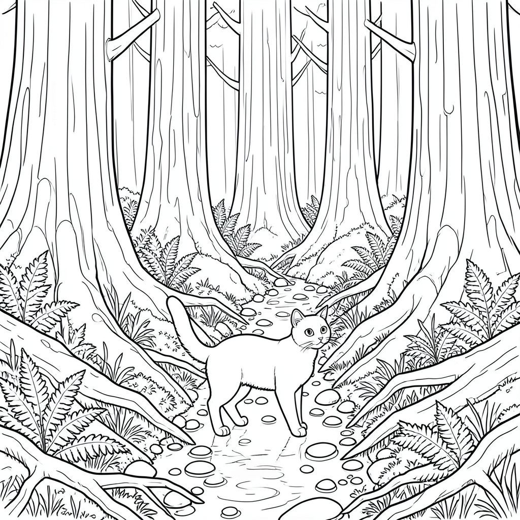 bắt đầu tạo ra và tô màu nghệ thuật đường nét trắng. Dưới đây là mô tả chi tiết, sẵn sàng cho một nghệ sĩ kỹ thuật số thực hiện: Môi trường: Khu rừng gỗ đỏ cổ xưa rậm rạp - Chiều muộn

Khung cảnh bị chi phối bởi những cây gỗ đỏ cao chót vót, vỏ của chúng có rãnh sâu và có kết cấu với các hoa văn phức tạp của các đường gờ và nút thắt. Quy mô là rất lớn - cây cối lùn mèo, nhấn mạnh sự nhỏ bé và dễ bị tổn thương của nó. Nền rừng là một tấm thảm hỗn loạn của những cây kim rụng, khúc gỗ mục nát và rễ cây lộ ra, tạo ra một bụi cây phức tạp. Dương xỉ, cả lớn và mỏng manh, mọc lên từ đất ẩm. Các mảng rêu bám vào thân cây và đá phía dưới, khác nhau về sắc thái và màu trắng. Một dòng suối nhỏ, trong vắt uốn lượn qua trung tâm của hình ảnh, phản chiếu ánh sáng mặt trời đã lọc. Lòng suối được cấu tạo bởi những viên đá nhẵn, tròn với nhiều kích cỡ khác nhau. Ấn tượng chung là một trong những tuổi tác sâu sắc, sức mạnh thầm lặng và vẻ đẹp hơi u sầu. Các đốm đốm, tạo ra các khu vực màu trắng và , nhưng có bóng - chỉ có các đường của bản vẽ xác định hình thức. Đối tượng: Con Mèo Một con mèo lông trung bình, bóng mượt được đặt gần như hoàn hảo ở giữa ảnh, khoảng một phần ba đường xuống từ cạnh trên. Tư thế của nó cảnh giác và hơi cúi xuống, như thể đang quan sát thứ gì đó ở đằng xa.  * Đầu được vẽ với hình hộp sọ hơi tròn, với chiếc mũi hơi hình tam giác nổi bật và đôi mắt to, biểu cảm. Đôi mắt to và hình quả hạnh, với một chút con ngươi thẳng đứng. Tai nhọn và tỉnh táo, hơi nghiêng về phía trước.  * Cơ thể vạm vỡ và gầy, với các đường nét được xác định rõ ràng cho thấy cơ bắp. Cột sống hơi cong, góp phần tạo nên tư thế cảnh giác. Chân được mở rộng một chút, với các đường nét chi tiết thể hiện cơ bắp của từng bàn chân.  * Đuôi dài và dày, hơi cong lên trên, làm tăng thêm tư thế năng động của mèo. Phần đuôi được chi tiết tỉ mỉ, cho thấy các sợi lông riêng lẻ và những đường uốn cong tinh tế. Chi tiết nghệ thuật đường nét: * Trọng lượng đường khác nhau là rất quan trọng. Các đường dày hơn xác định các hình thức chính, trong khi các đường mỏng hơn chi tiết kết cấu.  * Vỏ cây gỗ đỏ được kết xuất với các đường nét chồng lên nhau cực kỳ chi tiết để tạo ra một kết cấu thô ráp, chân thực. Bộ lông của mèo được vẽ bằng những đường ngắn, dày đặc để truyền tải kết cấu của nó. Dòng suối được mô tả bằng những đường uốn lượn, uốn lượn. Dương xỉ được chi tiết tỉ mỉ với các lá riêng lẻ.  * Ánh mắt của con mèo hơi hướng về phía trên bên phải của ảnh, thu hút ánh mắt của người xem vào khu rừng. Dòng suối đóng vai trò như một đường dẫn đầu, càng nhấn mạnh vị trí của mèo.  * Bên trong cây cối, suối, rêu đều có màu trắng tinh khiết, tạo cảm giác chiều sâu và . Ấn tượng tổng thể: Hình ảnh là một nghiên cứu tương phản - khu rừng rậm rạp trên bộ lông bóng mượt của con mèo. Trọng tâm hoàn toàn là sự hiện diện của con mèo trong môi trường cổ xưa rộng lớn này. Các đường nét rõ ràng, chính xác và được chế tác tỉ mỉ, tạo ra một hình minh họa rất chi tiết và hấp dẫn. Lưu ý quan trọng: Mô tả này nhằm hướng dẫn nghệ sĩ kỹ thuật số. Hình ảnh cuối cùng sẽ là hình minh họa nghệ thuật đường nét màu trắng, tuân thủ nghiêm ngặt các thông số được chỉ định. Không đổ bóng, không màu, không có yếu tố siêu thực, và ., trang màu, nghệ thuật đường nét, nền trắng