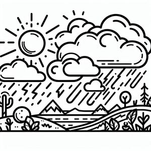 A black and white drawing of a sun and clouds