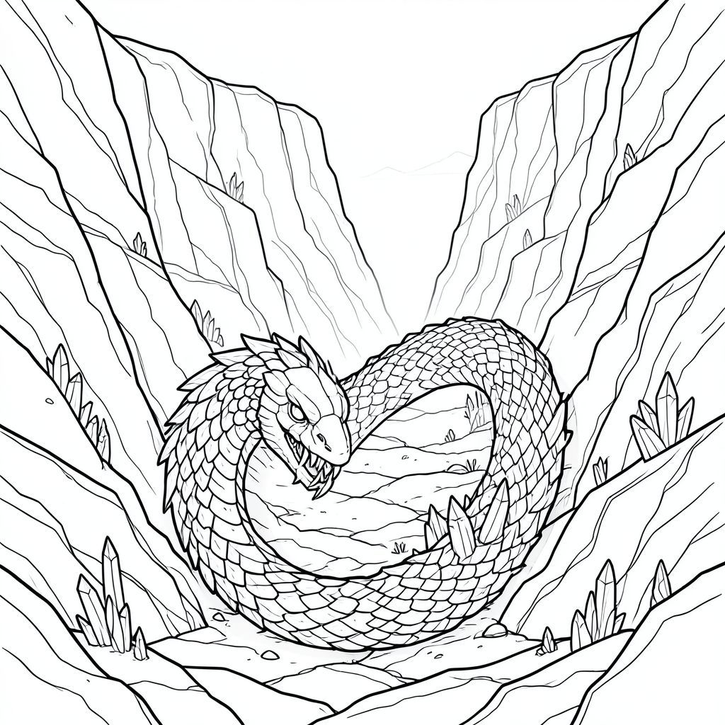 để lộ một cái nhìn thoáng qua về những hàng răng sắc nhọn. Các vảy xung quanh miệng đặc biệt chi tiết, với các đường gờ nhỏ, gần như không thể nhận thấy.

Bối cảnh là một cảnh quan hẻm núi khổng lồ, nứt nẻ và bị xói mòn. Các bức tường bao gồm đá sa thạch nhiều lớp, nhuộm màu đất son, rỉ sét và .  Các vết nứt chạy xuyên qua đá, tạo cảm giác tuổi tác và bất ổn địa chất. Một bầu không khí mờ nhạt, mờ mịt lơ lửng trong không khí, mang lại cảm giác rộng lớn và cô lập. Các thành tạo nhỏ, tinh thể - thạch anh và - nhô ra khỏi đá, bắt vào các điểm nhỏ, sắc nhọn. Ấn tượng tổng thể là một nơi đang dần sụp đổ dưới sức nặng của chính nó.

Đuôi của Con Rắn dài và dày, uốn cong xuống đáng kể, kết thúc bằng một cụm gai sắc nhọn, bằng hắc thạch. Nó bị chôn vùi một phần dưới đáy hẻm núi, cho thấy nó đã bị ngập một phần trong nhiều thế kỷ. Màu của đuôi là một , gần như , . Chi tiết chính và bầu không khí: * Con rắn rất lớn, lùn hẻm núi. Bố cục nhấn mạnh quy mô của cảnh quan.  * Các đường nét được cố tình dày và nhiều lớp, tạo cảm giác xúc giác, gần như ba chiều.  * Hình ảnh chỉ dựa vào độ tương phản rõ rệt của màu trắng để xác định hình dạng và tạo cảm giác chiều sâu. Có những gradient rất tinh tế để gợi ý và , nhưng chúng rất ít.  * Tâm trạng tổng thể là một trong những sự hùng vĩ trang nghiêm, một cảm giác về sức mạnh cổ xưa, và một cảm giác tinh tế, đáng lo ngại - một cảm giác rằng một cái gì đó to lớn và có khả năng nguy hiểm đang ẩn nấp bên dưới bề mặt. Lưu ý: Tôi đã tập trung vào việc truyền tải một hình minh họa lớn, chi tiết hơn là một đại diện theo nghĩa đen. Mục tiêu là tạo ra trải nghiệm hình ảnh gợi lên cảm giác kinh ngạc và một chút sợ hãi.

---

Tôi đã cố gắng tạo ra một cảnh vừa bắt mắt về mặt thị giác vừa phong phú về mặt khái niệm, với những hạn chế. Hãy cho tôi biết nếu bạn muốn tôi tinh chỉnh bất kỳ khía cạnh nào của mô tả này hoặc thêm chi tiết!, trang màu, nghệ thuật đường nét, nền trắng