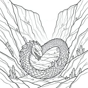 để lộ một cái nhìn thoáng qua về những hàng răng sắc nhọn. Các vảy xung quanh miệng đặc biệt chi tiết, với các đường gờ nhỏ, gần như không thể nhận thấy.

Bối cảnh là một cảnh quan hẻm núi khổng lồ, nứt nẻ và bị xói mòn. Các bức tường bao gồm đá sa thạch nhiều lớp, nhuộm màu đất son, rỉ sét và .  Các vết nứt chạy xuyên qua đá, tạo cảm giác tuổi tác và bất ổn địa chất. Một bầu không khí mờ nhạt, mờ mịt lơ lửng trong không khí, mang lại cảm giác rộng lớn và cô lập. Các thành tạo nhỏ, tinh thể - thạch anh và - nhô ra khỏi đá, bắt vào các điểm nhỏ, sắc nhọn. Ấn tượng tổng thể là một nơi đang dần sụp đổ dưới sức nặng của chính nó.

Đuôi của Con Rắn dài và dày, uốn cong xuống đáng kể, kết thúc bằng một cụm gai sắc nhọn, bằng hắc thạch. Nó bị chôn vùi một phần dưới đáy hẻm núi, cho thấy nó đã bị ngập một phần trong nhiều thế kỷ. Màu của đuôi là một , gần như , . Chi tiết chính và bầu không khí: * Con rắn rất lớn, lùn hẻm núi. Bố cục nhấn mạnh quy mô của cảnh quan.  * Các đường nét được cố tình dày và nhiều lớp, tạo cảm giác xúc giác, gần như ba chiều.  * Hình ảnh chỉ dựa vào độ tương phản rõ rệt của màu trắng để xác định hình dạng và tạo cảm giác chiều sâu. Có những gradient rất tinh tế để gợi ý và , nhưng chúng rất ít.  * Tâm trạng tổng thể là một trong những sự hùng vĩ trang nghiêm, một cảm giác về sức mạnh cổ xưa, và một cảm giác tinh tế, đáng lo ngại - một cảm giác rằng một cái gì đó to lớn và có khả năng nguy hiểm đang ẩn nấp bên dưới bề mặt. Lưu ý: Tôi đã tập trung vào việc truyền tải một hình minh họa lớn, chi tiết hơn là một đại diện theo nghĩa đen. Mục tiêu là tạo ra trải nghiệm hình ảnh gợi lên cảm giác kinh ngạc và một chút sợ hãi.

---

Tôi đã cố gắng tạo ra một cảnh vừa bắt mắt về mặt thị giác vừa phong phú về mặt khái niệm, với những hạn chế. Hãy cho tôi biết nếu bạn muốn tôi tinh chỉnh bất kỳ khía cạnh nào của mô tả này hoặc thêm chi tiết!, trang màu, nghệ thuật đường nét, nền trắng