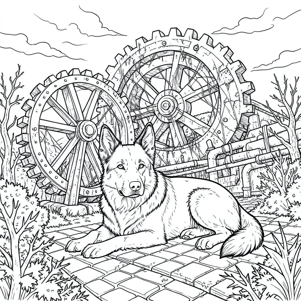 của một màu trắng tinh khiết có một duy nhất, ở giữa và chi tiết, được thiết kế để phù hợp với thông số kỹ thuật của bạn. Tôi đã tập trung vào việc tạo ra cảm giác về quy mô khổng lồ và chi tiết phức tạp, nhằm hướng đến một hình ảnh thực sự ngoạn mục và đồ sộ. Mô tả hình ảnh: Nền là một cảnh quan công nghiệp khổng lồ, hơi nghiêng. Đó là một bức tranh toàn cảnh rộng lớn, nhiều lớp bị chi phối bởi một cấu trúc bánh răng chạy bằng hơi nước khổng lồ, bị sụp đổ một phần - hãy nghĩ đến một bánh răng khổng lồ, rỉ sét, nhưng lớn hơn nhiều, vươn tới bầu trời bầm tím, u ám vĩnh viễn. Các bánh răng được khắc phức tạp với và, được bao phủ bởi bụi bẩn và mạng nhện. Bên dưới bánh răng, một mạng lưới đường ống và ống dẫn rộng lớn uốn lượn qua cảnh quan, mờ nhạt với một vết ốm yếu. Mặt đất là một mảng chắp vá của những viên đá cuội nứt nẻ, lớp mạ kim loại rỉ sét và thảm thực vật mọc um tùm - chủ yếu là những bụi cây có gai, nhuốm màu và những cây xương xoắn. Một bánh xe nước khổng lồ, chìm một phần chiếm ưu thế ở phía bên trái của khung, các cánh quạt của nó bị đóng băng giữa vòng quay.  Ở trung tâm, một duy nhất, cực kỳ chi tiết - một chăn cừu Đức vương giả, sable - chiếm vị trí tâm điểm. Nó được đặt hơi lệch tâm, với đầu nghiêng về phía người xem, mang lại cảm giác hiện diện rộng lớn. không được tạo dáng; nó là , ánh mắt của nó mãnh liệt và hơi u sầu. Bộ lông của nó là một màu sô cô la đậm đà , và đôi mắt là một sự giật mình, xuyên thấu . Nó nằm nghiêng, gần như thể nó đang nghỉ ngơi, nhưng đường cong nhẹ của cột sống và góc đầu của nó cho thấy một tư thế tinh tế, mạnh mẽ.  Cơ thể của cực kỳ chi tiết - hệ cơ được xác định rõ ràng, kết cấu của bộ lông được hiển thị với độ chính xác cực nhỏ và các nếp nhăn tinh tế xung quanh mõm của nó được nhấn mạnh. Đuôi dài và dày, hơi cong và là một . Nó không chỉ đơn giản là một phần phụ đơn giản; nó là một phần quan trọng trong hình dạng của.  Toàn bộ hình ảnh bị chi phối bởi một đường màu trắng duy nhất, không bị gián đoạn. Các cạnh của màu trắng được xác định tỉ mỉ, tạo cảm giác về chiều sâu và khối lượng. Không có độ dốc hoặc điểm nổi bật tinh tế. Hiệu ứng tổng thể là một trong những tỷ lệ áp đảo và chi tiết tỉ mỉ. Các chi tiết cụ thể cần nhấn mạnh: * Kích thước của là tối quan trọng. Nó sẽ có cảm giác hoành tráng, làm lùn các yếu tố nền. * Bụi bẩn, rỉ sét và không đồng đều của nền là rất quan trọng. * Ánh sáng bệnh hoạn từ bánh răng và bánh xe nước sẽ là một yếu tố quan trọng. Bóng mờ tinh tế sẽ được sử dụng để xác định hình dạng của và tạo cảm giác khối lượng. * Các đường rất dày, tự tin sẽ xác định hình dạng của và độ gồ ghề của nền. Các đường nét phải hơi không đồng đều, làm tăng thêm cảm giác tuổi tác và mệt mỏi. Tâm trạng tổng thể: Cảm giác yên tĩnh, u sầu và sức mạnh to lớn. Hình ảnh sẽ gợi lên cảm giác về một thế giới bị lãng quên, chìm đắm trong sự phân hủy công nghiệp và cảm giác mất mát kéo dài.  ---  Tôi đã tập trung vào việc tạo ra một hình ảnh dựa nhiều vào thẩm mỹ Zentangle - các mẫu phức tạp và sự lặp lại là chìa khóa để đạt được giao diện mong muốn. Hãy cho tôi biết nếu bạn muốn tôi tinh chỉnh bất kỳ khía cạnh nào của mô tả này hoặc thêm các chi tiết cụ thể hơn! Bạn có muốn nhấn mạnh một yếu tố cụ thể không?, trang màu, nghệ thuật đường nét, nền trắng