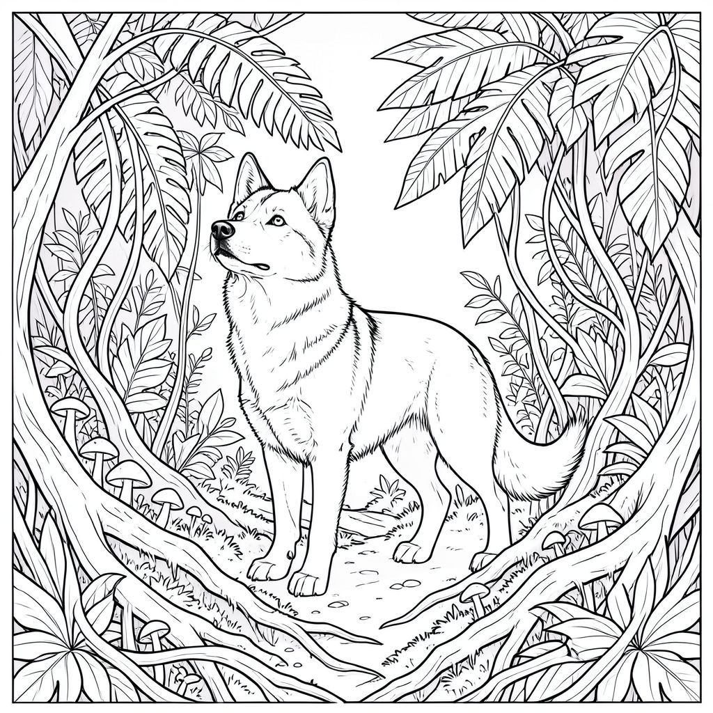 của một màu trắng tinh khiết có một duy nhất, ở giữa, tập trung vào chi tiết và thẩm mỹ Art Nouveau. Sự miêu tả: Được chi phối bởi một khung cảnh rừng rậm rộng lớn, gần như không thể tưởng tượng được. Hậu cảnh là một bức tranh khảm xoáy, nhiều lớp của màu xanh lá cây, màu tím bầm tím và màu son trầm, gợi nhớ đến bầu trời chạng vạng ngay trước cơn bão. Những rễ rậm rạp uốn lượn trên tiền cảnh, che khuất một phần con đường dẫn ra xa. Ấn tượng tổng thể là một trong những sự phát triển cổ xưa, rộng lớn.  Ở trung tâm, được đặt hơi lệch tâm, là một duy nhất, được kết xuất hoàn hảo. Đó là một giống chó lông ngắn, bóng bẩy - hãy nghĩ đến Siberian Husky, nhưng với mõm hơi dài và biểu cảm vương giả, gần như u sầu. hơi quay mặt sang trái, đầu nghiêng lên như thể đang quan sát thứ gì đó không nhìn thấy. Bộ lông của nó là một , phong phú, gần như , với những thay đổi tinh tế trong tông màu gợi ý một chút sáng bóng. Đôi mắt là một màu sắc thông minh, đáng kinh ngạc, được đặt trong bộ lông. Có một đường cong nhẹ, gần như không thể nhận thấy ở mõm.  Cơ thể của vô cùng chi tiết. Mỗi sợi lông riêng lẻ được hiển thị với độ chính xác tỉ mỉ - kết cấu của bộ lông là rất quan trọng. Cơ bắp được gợi ý một cách tinh tế thông qua sự sắp xếp của bộ lông, tạo cảm giác quyền lực và duyên dáng. Các bàn chân được tạo hình tinh tế, với các miếng đệm hơi nhô lên. Đuôi dài và dày, uốn cong duyên dáng xuống dưới, kết thúc bằng một lọn tóc nhỏ, gần như không thể nhận thấy.  Nền là một bố cục hỗn loạn, nhưng được xây dựng cẩn thận, của những tán lá. Những cây dương xỉ khổng lồ với hoa văn phức tạp, giống như đường gân chiếm ưu thế ở phần trên của . Những dây leo chảy, dày lá, rủ xuống dưới, tạo cảm giác sâu lắng. Những cây nấm nhỏ, rực rỡ mọc lên từ mặt đất rêu phong, tỏa ra ánh sáng mờ nhạt, thanh tao. Hiệu ứng tổng thể là cảm giác được đắm chìm trong một thế giới nguyên thủy, ẩn giấu.  Không có yếu tố nào khác - không thừa tứ chi, không bóng, không màu, không, không bị phân tâm. Trọng tâm hoàn toàn là và môi trường xung quanh nó. Các chi tiết chính cần nhấn mạnh: * Yếu tố quan trọng nhất là kết cấu của lông. Nó cần phải cảm thấy vô cùng phong phú và nhiều lớp. * sẽ được chiếu sáng tinh tế, tạo cảm giác có chiều sâu và làm nổi bật kết cấu của bộ lông. Bóng sẽ được sử dụng để xác định hình dạng của và tạo cảm giác khối lượng. * được đặt hơi lệch tâm, thu hút ánh nhìn của người xem vào nó. Nền được xếp lớp để tạo cảm giác chiều sâu.  ---  Mô tả này có nắm bắt được bản chất của hình ảnh bạn đang hình dung không? Bạn có muốn tôi giải thích chi tiết về bất kỳ khía cạnh cụ thể nào không?, trang màu, nghệ thuật đường nét, nền trắng