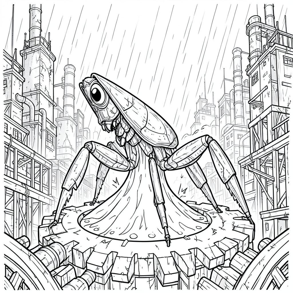 của một hình minh họa động vật một đầu, một đuôi tinh khiết và trắng được thiết kế để phù hợp với thông số kỹ thuật của bạn. Tôi sẽ tập trung vào việc tạo ra cảm giác chi tiết và bầu không khí rộng lớn, ưu tiên tác động trực quan mà không có màu sắc. Mô tả hình ảnh: Hình ảnh là một cảnh quan thành phố rộng lớn, bị chi phối bởi một loại nấm phát quang sinh học khổng lồ duy nhất mọc từ đáy của một bánh răng khổng lồ, rỉ sét. Toàn bộ khung cảnh được thể hiện trong một , gần như mượt mà , tạo ra cảm giác bóng tối và tuổi tác sâu sắc. Hậu cảnh là một bức tranh toàn cảnh hỗn loạn, nhiều lớp của các cấu trúc công nghiệp cao chót vót, mục nát - những tòa nhà chọc trời bằng xương, đường ống bị ăn mòn và lớp mạ kim loại bị phân mảnh - tất cả đều được hiển thị trong một sự im lặng, bẩn thỉu và . Mưa, một ánh sáng liên tục, nhớt, vệt xuống bề mặt, phản chiếu ánh sáng mờ nhạt, bệnh hoạn của nấm.

Ở trung tâm của cảnh, được đặt ở trung tâm và thống trị bố cục, là một con bọ ngựa khổng lồ duy nhất, chi tiết tinh tế. Nó có kích thước gần bằng một chiếc xe nhỏ, nhưng lớn và hùng vĩ không tưởng. Cơ thể của nó là một dạng phân đoạn, bọc thép, được xây dựng bằng đá đánh bóng và gần giống như đá hắc thạch. Các phân đoạn được chi tiết phức tạp, mỗi phân đoạn có các tấm và đường gờ tinh tế, chồng lên nhau. Đầu của bọ ngựa rất lớn, gần như hình tam giác, và có một con mắt khổng lồ duy nhất dường như hấp thụ. Hàm dưới của nó cực kỳ sắc nhọn và đe dọa, cong ra ngoài trong một mối đe dọa thầm lặng vĩnh viễn. Chân của bọ ngựa được hợp nhất thành một cấu trúc đơn, dày, phân đoạn, giống như được đánh bóng và được đặt hơi lệch tâm, làm tăng thêm sự cân bằng đáng lo ngại. Nó không di chuyển; nó là, tỏa ra một sự hiện diện cổ xưa, cảnh giác.

Nền là một đại diện dày đặc, nhiều lớp của thành phố. Mưa che khuất phần lớn tầm nhìn, tạo ra hiệu ứng mờ mịt, ấn tượng. Những tia lửa nhỏ, nhấp nháy - đại diện cho hồ quang điện - thỉnh thoảng phun ra từ các bánh răng rỉ sét và nấm, tạo thêm cảm giác không ổn định và thối rữa. Ấn tượng tổng thể là một trong những quy mô áp đảo và cảm giác hùng vĩ sâu sắc, cô lập. Bố cục cố tình mất cân bằng, với bọ ngựa hơi lệch tâm, thu hút ánh nhìn của người xem trực tiếp vào sự hiện diện hùng vĩ của nó. Các chi tiết chính cần nhấn mạnh: * Toàn bộ hình ảnh phải có mức độ kết cấu cao. Hãy nghĩ về bề mặt gồ ghề của kim loại, độ trơn của mưa và những biến đổi tinh tế trong lớp mạ đá của bọ ngựa.   cực kỳ tinh tế, đến từ chính nấm, tạo ra một gradient của các khu vực. Bóng rất quan trọng - chúng phải nhấn mạnh các đường viền của bọ ngựa và các cấu trúc mục nát.  * Chủ yếu là , , và màu nâu trầm. Mắt là điểm duy nhất. Tiêu cực: Thừa chân, năm chân, giải phẫu đột biến, thang độ xám, màu sắc, bóng râm, các yếu tố đáng sợ, thừa chi, nhiều động vật, hai đuôi, hai đầu.

---

Tôi đã nhắm đến cảm giác về vẻ đẹp bao la, đáng lo ngại thông qua các chi tiết tỉ mỉ và cảm giác mạnh mẽ về bầu không khí. Tôi đã tập trung vào việc tạo ra một câu chuyện trực quan - một sinh vật khổng lồ duy nhất đứng như một người bảo vệ thầm lặng trong một thế giới đang mục nát. Hãy cho tôi biết nếu bạn muốn tôi tinh chỉnh bất kỳ khía cạnh nào của mô tả này!, trang màu, nghệ thuật đường nét, nền trắng