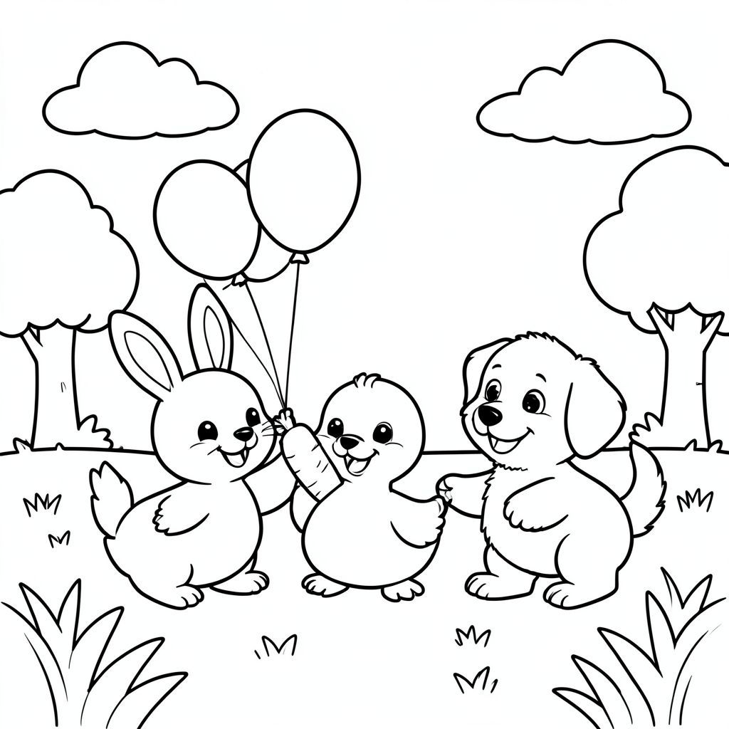 Một nhóm ba con vật thân thiện, mỉm cười - một con thỏ, một con vịt và một con - chơi cùng nhau trên một đồng cỏ đầy nắng. Họ cầm những quả bóng bay đầy màu sắc và chia sẻ một món ăn nhẹ cà rốt lớn, đơn giản. Khung cảnh được bao quanh bởi những cây cối và mây đơn giản, với những hình dạng dễ dàng để trẻ tô màu.