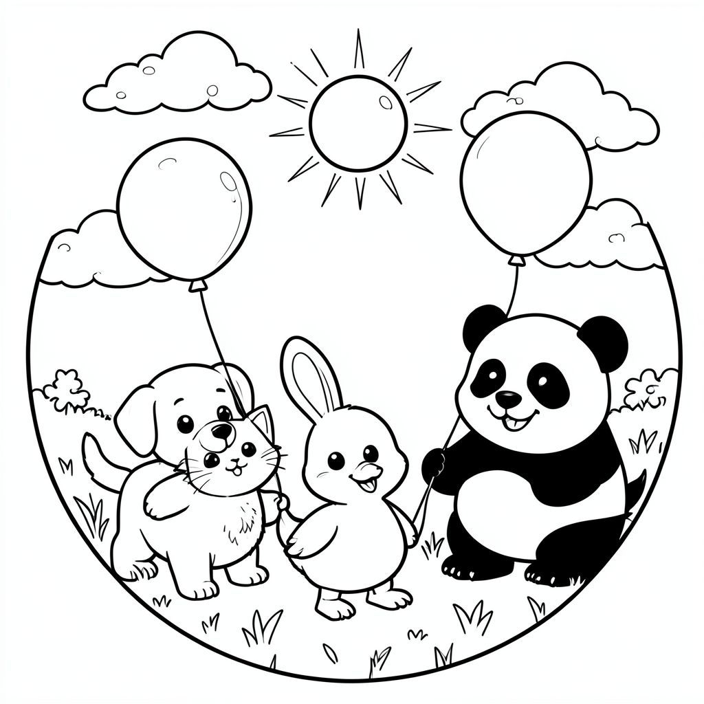 Một vòng tròn gồm năm con vật đáng yêu — một con, mèo con, thỏ, vịt con và gấu trúc — đứng trên đồng cỏ đầy nắng, mỗi con cầm một quả bóng bay màu cầu vồng. Những con vật có đôi mắt to, tươi cười, thân hình đơn giản và các chi tiết tối thiểu nên trẻ em có thể dễ dàng tô màu. Đằng sau chúng, những đám mây chấm và một mặt trời cách điệu duy nhất với những tia nắng đơn giản tạo thêm sự ấm áp mà không lộn xộn.