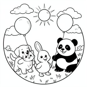 Một vòng tròn gồm năm con vật đáng yêu — một con, mèo con, thỏ, vịt con và gấu trúc — đứng trên đồng cỏ đầy nắng, mỗi con cầm một quả bóng bay màu cầu vồng. Những con vật có đôi mắt to, tươi cười, thân hình đơn giản và các chi tiết tối thiểu nên trẻ em có thể dễ dàng tô màu. Đằng sau chúng, những đám mây chấm và một mặt trời cách điệu duy nhất với những tia nắng đơn giản tạo thêm sự ấm áp mà không lộn xộn.