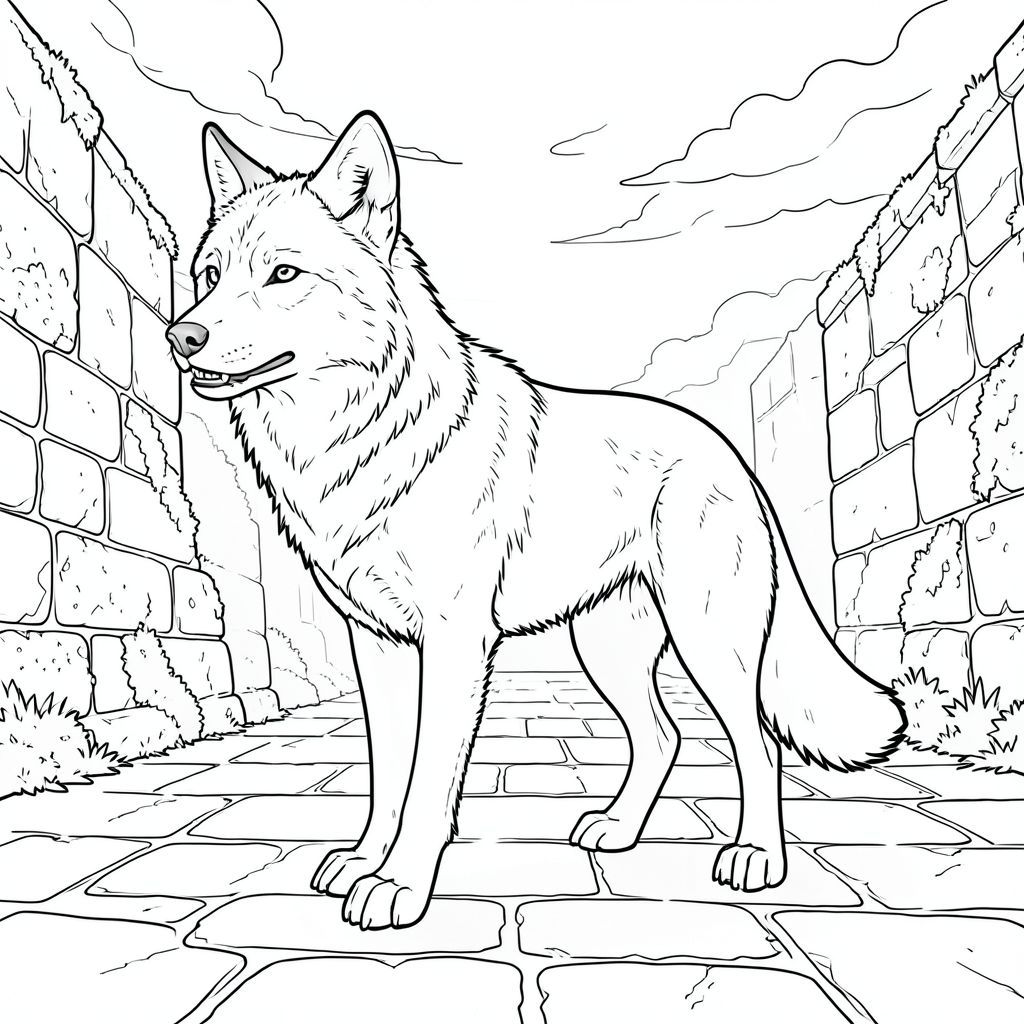 của một màu trắng tinh khiết có một con sói duy nhất, hùng vĩ, ở giữa và chi tiết, được thiết kế để phù hợp với thông số kỹ thuật của bạn. Tôi sẽ tập trung vào việc tạo ra cảm giác về chiều sâu và bầu không khí thông qua các đường nét.  : "Bình minh bạc" Ấn tượng tổng thể: Đó là một tầm nhìn toàn cảnh rộng lớn, hơi nghiêng của một khoảng sân bằng đá tắm trong buổi sáng sớm dịu dàng của bầu trời nhiều mây. Con sói thống trị trung tâm, dường như là tâm điểm. Nền là một màu xanh lam, nhiều lớp, gợi ý một phong cảnh cổ xưa, sương mù. Mô tả sói: * Đầu sói là yếu tố lớn nhất. Đó là một hình thức được điêu khắc mạnh mẽ, với lông mày hơi nhăn lại và đôi mắt mãnh liệt. Đôi mắt và tập trung, truyền tải cảm giác thông minh cảnh giác. Mõm dày và hơi tách ra, để lộ một chút răng sắc nhọn, nhạy cảm. Bộ lông là một , , với các biến thể tinh tế về tông màu để gợi ý chiều sâu. Tai lớn và hình tam giác, hơi nghiêng lên trên và được bao phủ bởi một lớp lông rậm rạp.  * Cơ thể dài và gầy, với một cơ bắp tinh tế có thể nhìn thấy bên dưới bộ lông. Đó là một , gần như đá phiến-, gợi ý một chiếc áo khoác của tuổi tác và khả năng phục hồi. Có một đường cong nhẹ ở phía sau, gợi ý về một sải chân mạnh mẽ, duyên dáng. Bộ lông dày đặc hơn ở hai bên và đuôi, tạo ra một kết cấu tinh tế.  * Đuôi dài và rậm rạp, a , gần như , với một chút xoăn ở đầu. Nó được đặt hơi bên trái cơ thể sói, thêm một yếu tố năng động vào bố cục. Có bóng mờ tinh tế, gần như không thể nhận thấy, dọc theo chiều dài của đuôi.  * Con sói đứng hơi bên trái trung tâm, đầu hơi quay sang một bên, như thể đang quan sát điều gì đó. Trọng lượng của nó được dịch chuyển một cách tinh tế, mang lại cảm giác cân bằng và hiện diện. Chi tiết cơ bản: * Sân trong là một tảng đá được đẽo thô, với bề mặt không bằng phẳng và những mảng rêu và địa y mọc trên tường. Những viên đá là một , rửa trôi , với các biến thể về tông màu để tạo cảm giác già nua và thời tiết. Một vài hòn đá nằm rải rác có thể nhìn thấy ở phía trước.  * Nguồn phát ra từ bên trái, tạo ra ánh sáng tinh tế, có định hướng làm nổi bật bộ lông của con sói và kết cấu của viên đá. Có những điểm nổi bật tinh tế trên khuôn mặt của con sói và đỉnh đầu của nó.  * Một làn sương mù rất mờ nhạt, trôi qua sân, làm mềm các cạnh của những viên đá và tạo thêm cảm giác sâu sắc. Bầu trời là một , bị rửa trôi -, với một chút mây.  * Hậu cảnh được xây dựng với một loạt các đường nét rất tinh tế, gần như không thể nhận thấy, tạo ra cảm giác chiều sâu và khối lượng. Có những thay đổi rất nhỏ trong tông màu để gợi ý một bề mặt thô ráp, già cỗi. Giai điệu tổng thể: Cảnh phải gợi lên cảm giác hùng vĩ yên tĩnh và bí ẩn cổ xưa. Đó là một cảnh mang lại cảm giác vượt thời gian và hơi u sầu.

--- Để giúp tôi tinh chỉnh thêm điều này, bạn có thể cho tôi biết: * Có yếu tố phong cách cụ thể nào mà bạn muốn tôi nhấn mạnh không?
* Có tâm trạng cụ thể nào mà bạn đang nhắm đến không?, trang màu, nghệ thuật đường nét, nền trắng