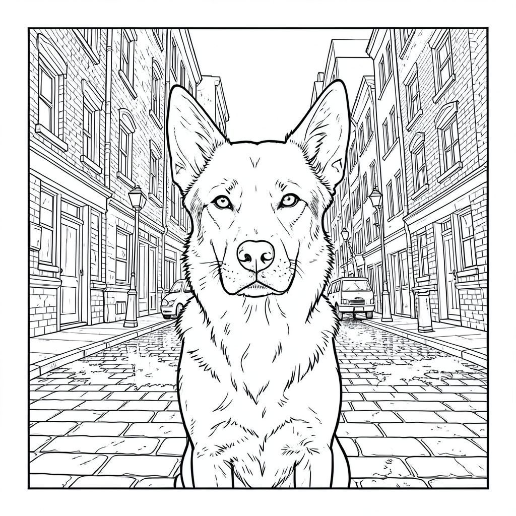của một màu trắng tinh khiết có một duy nhất, ở giữa, với nền rất chi tiết. Tôi sẽ tập trung vào việc truyền tải hình ảnh thông qua những hạn chế mà bạn đã đặt ra - không đổ bóng, không màu, tinh khiết và trắng và nền tối giản.  Mô tả: Hình ảnh là một bức ảnh lớn, hơi nghiêng, toàn cảnh một con phố nhộn nhịp của thành phố. Nền là một bố cục dày đặc, nhiều lớp của các tòa nhà - chủ yếu là gạch và đá, với một số gỗ phong hóa và một chút của một con đường lát đá cuội trơn bóng mưa. Phối cảnh hơi thấp, nhìn lên đường phố. Các tòa nhà được kết xuất với bề mặt gồ ghề, có kết cấu, nhấn mạnh tuổi tác và sự hao mòn của cảnh quan đô thị. Có một cảm giác sâu sắc mạnh mẽ, với các tòa nhà lùi về phía xa. : là tâm điểm. Đó là một giống chó có kích thước trung bình - có lẽ là hỗn hợp chó chăn cừu Đức - với thân hình hơi gầy, cơ bắp. Đầu của nó hơi hướng về phía trước, nhìn thẳng vào người xem. Bộ lông của là một , sô cô la đậm đà , với các biến thể tinh tế về tông màu cho thấy kết cấu hơi bóng. Nó có một biểu cảm nhẹ nhàng, thông minh - một nếp nhăn nhẹ trên lông mày và một ánh mắt tinh tế, gần như u sầu. Bộ lông được chi tiết tỉ mỉ, thể hiện các sợi riêng lẻ và những điểm nổi bật tinh tế. Tai của hơi nghiêng, và mũi là , ướt . Có một vết nhòe duy nhất, rất tinh tế, của thứ dường như là một chút bùn trên mũi của nó. Bối cảnh: Hậu cảnh là một đại diện hỗn loạn nhưng chi tiết tỉ mỉ của một con phố thành phố. Đó là một giao lộ đông đúc, với một vài phương tiện di chuyển từ xa - một chiếc xe tải giao hàng và một chiếc taxi. Bản thân con đường được lát bằng một viên đá cũ nát. Có những mảng sơn phai màu rải rác trên vỉa hè - một mảng sơn mờ và một chút . Một vài cột đèn mờ đi, ngang qua khung cảnh. Phối cảnh được nén nhẹ, tạo cảm giác chuyển động và chiều sâu. Có một làn sương mù nhẹ trong không khí, làm mềm các cạnh của các tòa nhà. Ấn tượng tổng thể là một ngày hơi u ám, chiều muộn. Chi tiết & Bầu không khí: * Toàn bộ hình ảnh sẽ được hiển thị với sự nhấn mạnh vào kết cấu. Các tòa nhà bằng đá sẽ có kết cấu thô, hạt. Bộ lông của chó sẽ có kết cấu tinh tế, hơi thô ráp. Mưa trên đá cuội sẽ được thể hiện bằng những đường nhỏ, hơi mờ.  * ở giữa, nhưng hơi lệch để tạo cảm giác cân bằng. Nền được xếp lớp, tạo cảm giác có chiều sâu và sự thú vị về thị giác.  * Nguồn chính là mềm, khuếch tán , đến từ phía trên bên trái, tạo ra các vùng sáng và bóng tối tinh tế. Không có sự tương phản mạnh mẽ. Tâm trạng tổng thể: Ảnh gợi lên cảm giác quan sát yên tĩnh và bầu không khí hơi u sầu. Đó là chân dung của một chú chó đơn độc, được đặt một cách tinh tế trong khung cảnh đô thị nhộn nhịp.

--- Để giúp tôi tinh chỉnh thêm điều này, bạn có thể cho tôi biết: * Có ảnh hưởng nghệ thuật cụ thể nào không?
* Có cảm giác cụ thể nào mà bạn đang nhắm đến không?, tô màu, nghệ thuật đường nét, nền trắng