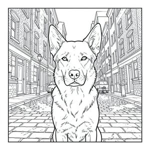 của một màu trắng tinh khiết có một duy nhất, ở giữa, với nền rất chi tiết. Tôi sẽ tập trung vào việc truyền tải hình ảnh thông qua những hạn chế mà bạn đã đặt ra - không đổ bóng, không màu, tinh khiết và trắng và nền tối giản.  Mô tả: Hình ảnh là một bức ảnh lớn, hơi nghiêng, toàn cảnh một con phố nhộn nhịp của thành phố. Nền là một bố cục dày đặc, nhiều lớp của các tòa nhà - chủ yếu là gạch và đá, với một số gỗ phong hóa và một chút của một con đường lát đá cuội trơn bóng mưa. Phối cảnh hơi thấp, nhìn lên đường phố. Các tòa nhà được kết xuất với bề mặt gồ ghề, có kết cấu, nhấn mạnh tuổi tác và sự hao mòn của cảnh quan đô thị. Có một cảm giác sâu sắc mạnh mẽ, với các tòa nhà lùi về phía xa. : là tâm điểm. Đó là một giống chó có kích thước trung bình - có lẽ là hỗn hợp chó chăn cừu Đức - với thân hình hơi gầy, cơ bắp. Đầu của nó hơi hướng về phía trước, nhìn thẳng vào người xem. Bộ lông của là một , sô cô la đậm đà , với các biến thể tinh tế về tông màu cho thấy kết cấu hơi bóng. Nó có một biểu cảm nhẹ nhàng, thông minh - một nếp nhăn nhẹ trên lông mày và một ánh mắt tinh tế, gần như u sầu. Bộ lông được chi tiết tỉ mỉ, thể hiện các sợi riêng lẻ và những điểm nổi bật tinh tế. Tai của hơi nghiêng, và mũi là , ướt . Có một vết nhòe duy nhất, rất tinh tế, của thứ dường như là một chút bùn trên mũi của nó. Bối cảnh: Hậu cảnh là một đại diện hỗn loạn nhưng chi tiết tỉ mỉ của một con phố thành phố. Đó là một giao lộ đông đúc, với một vài phương tiện di chuyển từ xa - một chiếc xe tải giao hàng và một chiếc taxi. Bản thân con đường được lát bằng một viên đá cũ nát. Có những mảng sơn phai màu rải rác trên vỉa hè - một mảng sơn mờ và một chút . Một vài cột đèn mờ đi, ngang qua khung cảnh. Phối cảnh được nén nhẹ, tạo cảm giác chuyển động và chiều sâu. Có một làn sương mù nhẹ trong không khí, làm mềm các cạnh của các tòa nhà. Ấn tượng tổng thể là một ngày hơi u ám, chiều muộn. Chi tiết & Bầu không khí: * Toàn bộ hình ảnh sẽ được hiển thị với sự nhấn mạnh vào kết cấu. Các tòa nhà bằng đá sẽ có kết cấu thô, hạt. Bộ lông của chó sẽ có kết cấu tinh tế, hơi thô ráp. Mưa trên đá cuội sẽ được thể hiện bằng những đường nhỏ, hơi mờ.  * ở giữa, nhưng hơi lệch để tạo cảm giác cân bằng. Nền được xếp lớp, tạo cảm giác có chiều sâu và sự thú vị về thị giác.  * Nguồn chính là mềm, khuếch tán , đến từ phía trên bên trái, tạo ra các vùng sáng và bóng tối tinh tế. Không có sự tương phản mạnh mẽ. Tâm trạng tổng thể: Ảnh gợi lên cảm giác quan sát yên tĩnh và bầu không khí hơi u sầu. Đó là chân dung của một chú chó đơn độc, được đặt một cách tinh tế trong khung cảnh đô thị nhộn nhịp.

--- Để giúp tôi tinh chỉnh thêm điều này, bạn có thể cho tôi biết: * Có ảnh hưởng nghệ thuật cụ thể nào không?
* Có cảm giác cụ thể nào mà bạn đang nhắm đến không?, tô màu, nghệ thuật đường nét, nền trắng