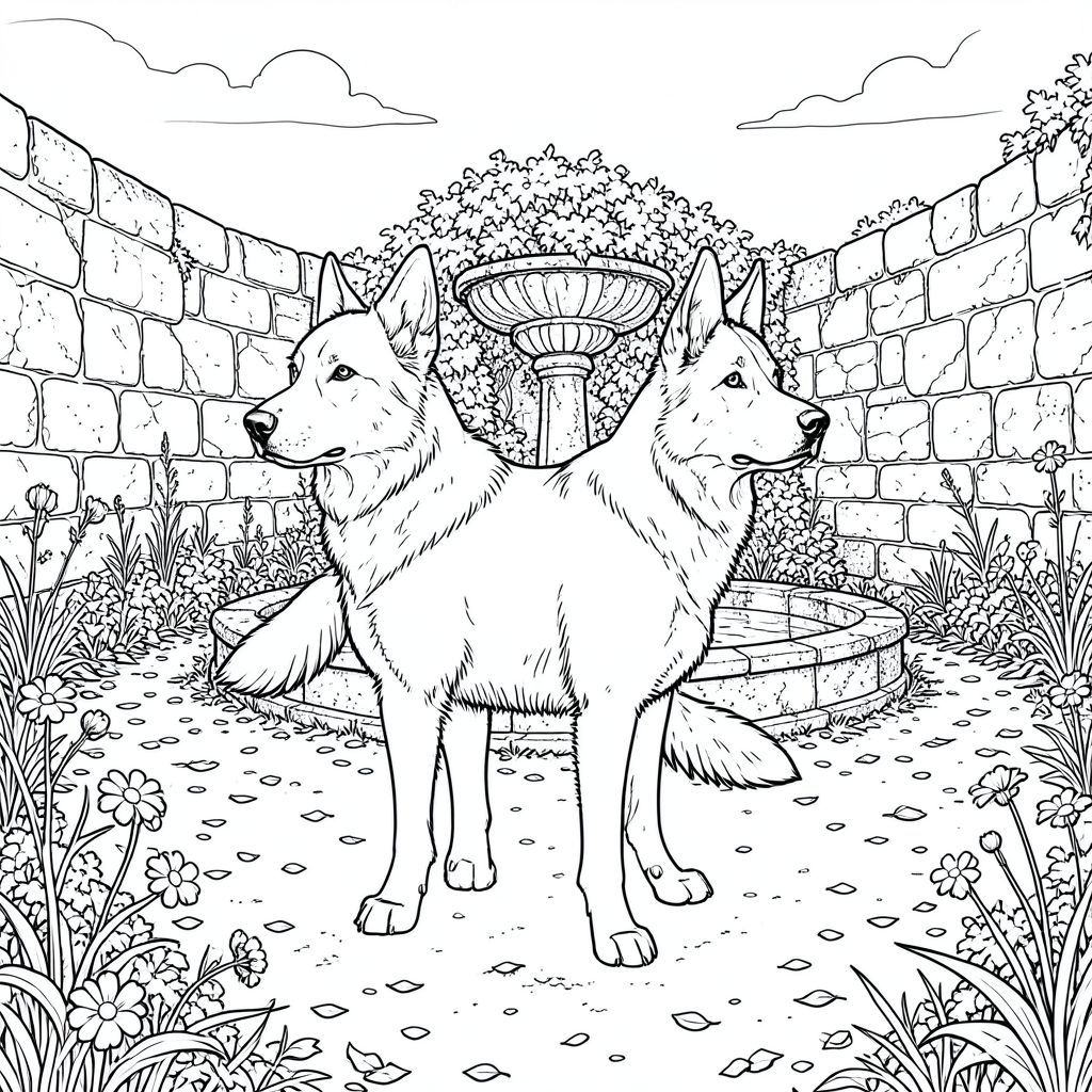 của một màu trắng tinh khiết có một duy nhất, ở giữa, tập trung vào chi tiết và sự rõ ràng của phong cách. Tôi sẽ hướng đến cảm giác hùng vĩ yên tĩnh và chi tiết to lớn, ưu tiên đơn sắc. Mô tả màu sắc: Được chi phối bởi một khoảng sân rộng lớn, hơi cao. Mặt đất là một lớp đất gồ ghề, khó nhìn thấy bên dưới một lớp lá khô và đá nhỏ. Ấn tượng tổng thể là một trong những loại đá cổ xưa, bị phong hóa. Sân gần như hình tròn, đường kính khoảng 15 feet. Một đài phun nước bằng đá đổ nát duy nhất nằm ở trung tâm, bị che khuất một phần bởi cây thường xuân mọc um tùm. Chân đài phun nước là một , lốm đốm , và nước hầu như không nhìn thấy, phản chiếu sự mờ nhạt .  Tâm điểm là một cái đơn, lớn, - đứng vuông vắn ở trung tâm của sân. Đó là một giống chó có kích thước trung bình - có lẽ là giống chó chăn cừu Đức - với chiếc cổ hơi dài, thanh lịch và lông mày trang nghiêm, hơi nhăn nheo. Bộ lông của là một , phong phú , với những biến thể tinh tế về tông màu cho thấy một bộ lông khỏe mạnh. Nó được đặt hơi nghiêng, như thể đang quan sát điều gì đó. Đuôi của nó dài và dày, hơi cong xuống dưới, và có thể nhìn thấy một mảng nhỏ ở đầu. Đôi mắt của là một sự giật mình, mãnh liệt, , đặt vào khuôn mặt của nó. Có một chút nhẹ, gần như không thể nhận thấy, được đúc bởi đầu của nó, nhấn mạnh hình dạng của nó.  Hậu cảnh là một mô tả chi tiết tỉ mỉ, gần như nhiếp ảnh, về sân trong. Đó là một cảnh quan thấp, hơi nhấp nhô. Các bức tường đá gồ ghề và không bằng phẳng, có thể nhìn thấy các vết nứt và rêu. Có một vài bông hoa dại rải rác, khô héo - chủ yếu là và - bám vào các cạnh của những tảng đá. Bầu trời là một , u ám, gợi ý buổi chiều muộn. Phối cảnh hơi nhô lên, nhìn xuống sân. Ấn tượng tổng thể là một trong những sự tĩnh lặng và tuổi tác. Các chi tiết chính và điểm nhấn: * Toàn bộ cảnh được hiển thị bằng các đường nét cực kỳ mịn, chính xác. Không có gradient hoặc bóng mờ tinh tế.  * Giải phẫu của được thể hiện tỉ mỉ, tập trung vào những đường cong tinh tế của cơ bắp và kết cấu của bộ lông. Đầu của đặc biệt quan trọng - bóng và chi tiết xung quanh mắt và mõm là rất quan trọng.  * Sự tương phản rõ rệt giữa đá, lông thú và đôi mắt là chìa khóa cho tâm trạng.  * Hoàn toàn không có màu được sử dụng. Toàn bộ hình ảnh là màu trắng. Không gian âm: Không gian âm có chủ ý lớn - sân trong và là trọng tâm chính. Có chi tiết nền tối thiểu.   --- tôi đã tập trung vào việc tạo ra một cảnh vừa bắt mắt vừa có chi tiết sâu sắc, nhấn mạnh tính thẩm mỹ đơn sắc. Hãy cho tôi biết nếu bạn muốn tôi giải thích chi tiết về bất kỳ khía cạnh cụ thể nào hoặc điều chỉnh mô tả thêm!, trang màu, nghệ thuật đường nét, nền trắng