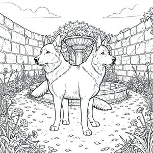 của một màu trắng tinh khiết có một duy nhất, ở giữa, tập trung vào chi tiết và sự rõ ràng của phong cách. Tôi sẽ hướng đến cảm giác hùng vĩ yên tĩnh và chi tiết to lớn, ưu tiên đơn sắc. Mô tả màu sắc: Được chi phối bởi một khoảng sân rộng lớn, hơi cao. Mặt đất là một lớp đất gồ ghề, khó nhìn thấy bên dưới một lớp lá khô và đá nhỏ. Ấn tượng tổng thể là một trong những loại đá cổ xưa, bị phong hóa. Sân gần như hình tròn, đường kính khoảng 15 feet. Một đài phun nước bằng đá đổ nát duy nhất nằm ở trung tâm, bị che khuất một phần bởi cây thường xuân mọc um tùm. Chân đài phun nước là một , lốm đốm , và nước hầu như không nhìn thấy, phản chiếu sự mờ nhạt .  Tâm điểm là một cái đơn, lớn, - đứng vuông vắn ở trung tâm của sân. Đó là một giống chó có kích thước trung bình - có lẽ là giống chó chăn cừu Đức - với chiếc cổ hơi dài, thanh lịch và lông mày trang nghiêm, hơi nhăn nheo. Bộ lông của là một , phong phú , với những biến thể tinh tế về tông màu cho thấy một bộ lông khỏe mạnh. Nó được đặt hơi nghiêng, như thể đang quan sát điều gì đó. Đuôi của nó dài và dày, hơi cong xuống dưới, và có thể nhìn thấy một mảng nhỏ ở đầu. Đôi mắt của là một sự giật mình, mãnh liệt, , đặt vào khuôn mặt của nó. Có một chút nhẹ, gần như không thể nhận thấy, được đúc bởi đầu của nó, nhấn mạnh hình dạng của nó.  Hậu cảnh là một mô tả chi tiết tỉ mỉ, gần như nhiếp ảnh, về sân trong. Đó là một cảnh quan thấp, hơi nhấp nhô. Các bức tường đá gồ ghề và không bằng phẳng, có thể nhìn thấy các vết nứt và rêu. Có một vài bông hoa dại rải rác, khô héo - chủ yếu là và - bám vào các cạnh của những tảng đá. Bầu trời là một , u ám, gợi ý buổi chiều muộn. Phối cảnh hơi nhô lên, nhìn xuống sân. Ấn tượng tổng thể là một trong những sự tĩnh lặng và tuổi tác. Các chi tiết chính và điểm nhấn: * Toàn bộ cảnh được hiển thị bằng các đường nét cực kỳ mịn, chính xác. Không có gradient hoặc bóng mờ tinh tế.  * Giải phẫu của được thể hiện tỉ mỉ, tập trung vào những đường cong tinh tế của cơ bắp và kết cấu của bộ lông. Đầu của đặc biệt quan trọng - bóng và chi tiết xung quanh mắt và mõm là rất quan trọng.  * Sự tương phản rõ rệt giữa đá, lông thú và đôi mắt là chìa khóa cho tâm trạng.  * Hoàn toàn không có màu được sử dụng. Toàn bộ hình ảnh là màu trắng. Không gian âm: Không gian âm có chủ ý lớn - sân trong và là trọng tâm chính. Có chi tiết nền tối thiểu.   --- tôi đã tập trung vào việc tạo ra một cảnh vừa bắt mắt vừa có chi tiết sâu sắc, nhấn mạnh tính thẩm mỹ đơn sắc. Hãy cho tôi biết nếu bạn muốn tôi giải thích chi tiết về bất kỳ khía cạnh cụ thể nào hoặc điều chỉnh mô tả thêm!, trang màu, nghệ thuật đường nét, nền trắng