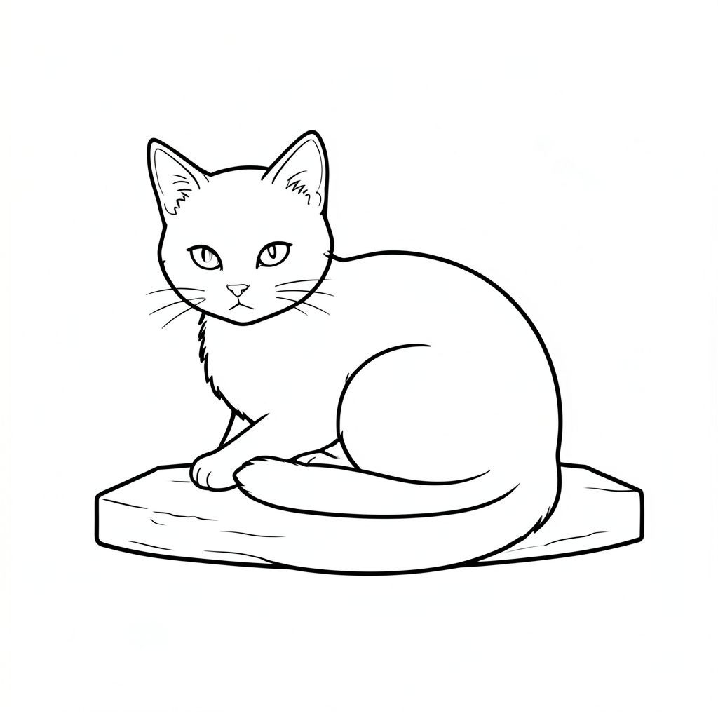 .  Mô tả: Mô tả một khung cảnh tối giản, rõ ràng. Đó là một khu vực nhỏ, hơi cao - có thể là mặt bàn hoặc một gờ đá nhỏ, phẳng. Nền là một màu rất, gần như bị trôi đi, gợi ý một bề mặt gỗ bị phong hóa. Có một kết cấu tinh tế, rất mờ nhạt - một gợi ý về hạt - để tạo cho nó cảm giác hơi xúc giác.

Ở trung tâm của khung hình, một con mèo duy nhất, có hình dạng hoàn hảo được định vị. Nó hơi hướng về bên trái, với đầu quay về phía người xem. Con mèo cuộn tròn trong tư thế nhẹ nhàng, gần như uể oải - lưng hơi cong và đuôi cuộn tròn quanh cơ thể. Bộ lông được thể hiện với một đường nét đơn giản, hơi dài, tạo cảm giác mềm mại. Đó là một , gần như - màu, với các biến thể tinh tế trong tông màu để gợi ý chiều sâu. Không có bóng râm, chỉ có những đường nét sạch sẽ, chính xác của bộ lông. 

Đôi mắt của con mèo nhỏ và nằm trong lông. Nó có một biểu hiện hơi u sầu - một chút mãn nguyện yên tĩnh. Tư thế được cố tình đơn giản, tập trung vào hình dạng của con mèo hơn là bất kỳ hành động năng động nào.

Toàn bộ bị chi phối bởi các đường màu trắng và không có yếu tố nền. Các cạnh của là một đường màu trắng rất, gần như vô hình. Ấn tượng tổng thể: Ảnh gợi lên cảm giác tĩnh lặng và quan sát yên bình. Đó là một bố cục đơn giản, gần như thiền định.

---

Tôi đã tập trung vào việc tạo ra một cảnh tối giản về mặt hình ảnh và nhấn mạnh hình dạng và tư thế của con mèo. Hãy cho tôi biết nếu bạn muốn tôi tinh chỉnh điều này thêm!, trang màu, nghệ thuật đường nét, nền trắng