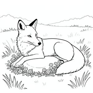 có màu trắng tinh khiết có một con vật, tuân thủ tất cả các ràng buộc được chỉ định.  Mô tả: Cảnh là một bãi đất trống nhỏ, hơi cao trên một cánh đồng cỏ. Cỏ đồng đều, -, hơi ẩm do mưa gần đây. Một hòn đá sông lớn, nhẵn nằm ở trung tâm của bãi đất trống, bị che khuất một phần bởi một cụm hoa dại nhỏ - chủ yếu là màu trắng. Viên đá có kích thước bằng một đĩa ăn tối nhỏ.

Một con cáo duy nhất, bóng bẩy, được đặt ở tiền cảnh, hơi hướng về bên trái. Tư thế của nó thoải mái và tỉnh táo, với tai hơi nghiêng về phía trước. Bộ lông của cáo là một, mượt như nhung. Nó nằm nghiêng, với bàn chân trước hơi mở rộng, như thể đang nghỉ ngơi. Đuôi cáo dài và dày, a, bóng, hơi cong xuống dưới. Nó được đặt ngay phía sau hòn đá, tạo ra một đường nét tinh tế, hơi góc cạnh. Nền là một lớp cỏ rất mềm, hơi mờ, xa hơn về phía sau. Có một gợi ý về một hàng cây thấp ở phía xa, ở hậu cảnh, hầu như không nhìn thấy.

Toàn bộ là một đường màu trắng duy nhất, không bị đứt gãy, không có bóng. Trọng tâm hoàn toàn là con cáo và hòn đá. Ấn tượng tổng thể là một trong những sự tĩnh lặng yên tĩnh và sự hiện diện nhẹ nhàng, cảnh giác. Việc thiếu màu sắc tạo cảm giác vượt thời gian và nhấn mạnh hình dạng và kết cấu của con vật.

---

Hãy cho tôi biết nếu bạn muốn tôi tinh chỉnh điều này hơn nữa - có thể thêm một chút chi tiết cho hoa dại hoặc đá!, tô màu, nghệ thuật đường nét, nền trắng