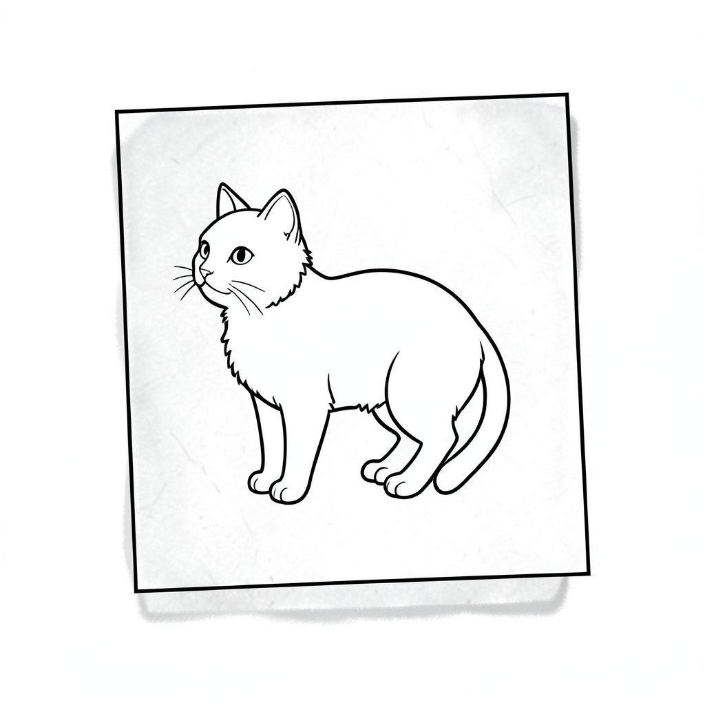 của một màu trắng tinh khiết có một con mèo duy nhất, tuân thủ tất cả các ràng buộc được chỉ định.  Mô tả: Đây là một hình chữ nhật đơn giản, hơi nghiêng - rộng khoảng 8 inch và cao 10 inch. Nền là một loại giấy da cũ kỹ, hơi có kết cấu, giống như giấy da cũ. Nó không phải là một màu sắc, mà là một kết cấu tinh tế, sần sùi bắt chước bề mặt của một chiếc lá khô và thô ráp. 

Trung tâm trong hình chữ nhật là một con mèo trắng nhỏ, hình thành hoàn hảo. Con mèo được đặt sao cho đầu hơi hướng sang trái. Bộ lông của nó có màu sắc mềm mại, với các biến thể tinh tế về tông màu để gợi ý một kết cấu hơi xù. Cơ thể bóng bẩy, với đường cong nhẹ nhàng về phía sau. Đó là một hình thức rất đơn giản, gần như tối giản. Có một vết lõm nhẹ ở phía bên trái khuôn mặt của nó, cho thấy một chiếc mũi nhỏ, nhẹ nhàng. Đuôi dài và mỏng, có đầu tinh tế, hơi sẫm màu hơn. Nó hơi cong lên trên, tạo ra một đường cong nhẹ nhàng. Đôi mắt của con mèo nhỏ và , gần như , và đang nhìn lên trên một chút.

Không có yếu tố nào khác – không cỏ, không hoa, không cây cối, không đá, không yếu tố nền. Chỉ có con mèo.

Toàn bộ là một bản vẽ đường màu trắng tinh khiết, không có bóng mờ. Nội thất màu trắng của màu trắng rất mờ, gần như không nhìn thấy, rửa sạch, thêm một chiều sâu tinh tế. Các cạnh của phần mềm hơi mờ, tạo hiệu ứng mềm mại, gần như nhiếp ảnh. Ấn tượng tổng thể là một trong những sự tĩnh lặng yên tĩnh và sự quan sát tập trung về một hình dạng mèo thanh lịch.

---

Tôi đã tập trung vào việc tạo ra cảm giác yên tĩnh, vẻ đẹp đơn giản và không có bất kỳ yếu tố bên ngoài nào. Hãy cho tôi biết nếu bạn muốn tôi tinh chỉnh điều này thêm!, trang màu, nghệ thuật đường nét, nền trắng
