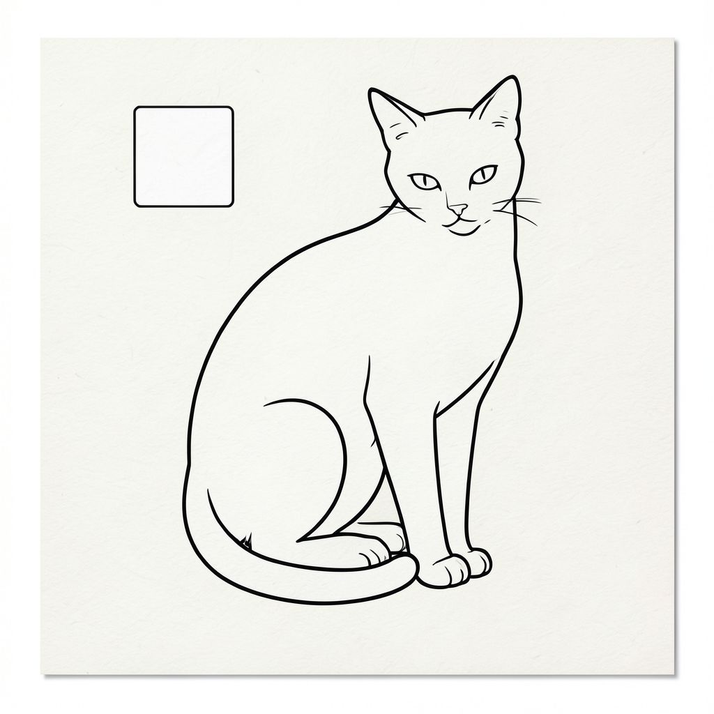 của một màu trắng tinh khiết có một con mèo, tuân thủ tất cả các thông số kỹ thuật của bạn.  Mô tả: Đây là một định dạng hình chữ nhật, hơi nghiêng, khoảng 8,5 x 11 inch. Nền là một màu ngà voi bị rửa trôi - tạo cảm giác yên tĩnh. Có một bề mặt giấy rất tinh tế, có kết cấu nhẹ, mang lại cho nó chất lượng xúc giác.

Thống trị trung tâm của con mèo là một con mèo duy nhất, bóng bẩy. Đầu của nó hơi hướng về phía trước, với một đường cong nhẹ nhàng đến tai. Đôi mắt của con mèo hơi tập trung xuống dưới, một cái nhìn tinh tế, thông minh. Cơ thể của nó thon dài và hơi gù, truyền tải cảm giác trang nghiêm yên tĩnh. Đuôi dài và thon, uốn cong duyên dáng xuống dưới và nằm ngay phía trên chân sau của mèo. Đó là một đường cong đơn giản, thanh lịch.

Có một khoảng trắng nhỏ, hình chữ nhật hoàn hảo - gần như một hình vuông nhỏ - được đặt ngay bên trái đầu mèo. Không gian này hoàn toàn màu trắng và dường như không có bất kỳ kết cấu nào. Đó là một yếu tố tinh tế, tối giản.

Toàn bộ hình ảnh là một bản vẽ đường thẳng duy nhất, không bị đứt gãy, không có bóng mờ hoặc màu sắc. Trọng tâm hoàn toàn là hình dáng của chú mèo và tư thế đơn giản, thanh lịch của nó. Nội thất màu trắng của màu trắng rất mờ, tạo cảm giác chiều sâu và cho phép hình dạng của con mèo được nhìn thấy rõ ràng. Kết cấu của tờ giấy được gợi ý một cách tinh tế - một hạt rất nhẹ, gần như không thể nhận thấy. Ấn tượng tổng thể: Ảnh rõ ràng, tối giản, và truyền tải cảm giác quan sát yên tĩnh. Đó là một cảnh đơn giản, gần như thiền định.

---

Hãy cho tôi biết nếu bạn muốn tôi tinh chỉnh điều này thêm, có thể thêm một chi tiết cụ thể hoặc điều chỉnh tâm trạng tổng thể!, trang màu, nghệ thuật đường nét, nền trắng