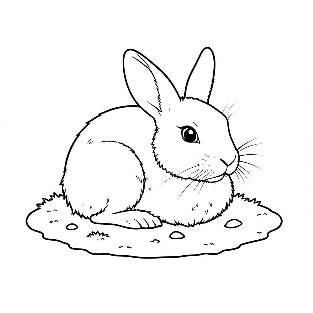 có màu trắng tinh khiết, được thiết kế để phù hợp với thông số kỹ thuật của bạn. Tôi sẽ tập trung vào việc tạo ra một khung cảnh thanh bình, tối giản.  Mô tả: Cảnh mô tả một con thỏ đơn lẻ, đầy đặn, nép mình trong một mảng đất nhỏ, rêu phong. Con thỏ được đặt hơi lệch tâm, hơi hướng về bên phải, đầu hướng về phía người xem. Nó cuộn tròn trong tư thế thoải mái, với tai hơi nghiêng lên trên. Bộ lông của thỏ mềm mại và hơi xù, tạo ra một kết cấu tinh tế. Trái đất bên dưới nó là một , trù phú, với một vài viên sỏi nhỏ, không đều nằm rải rác xung quanh. Nền là một sự rửa rất tinh tế, hơi mờ của , tạo cảm giác về chiều sâu và khoảng cách. Không có cây cối, hoa hoặc các yếu tố khác. Toàn bộ khung cảnh bị chi phối bởi hình dạng của con thỏ và trái đất đơn giản. Chi tiết chính: * Một con thỏ đơn.  * Dài khoảng 6 inch.  * Thư giãn, cuộn tròn.  * Một mảng đất ẩm ướt nhỏ.  * Một lần rửa rất tinh tế, mờ của .  * Hoàn toàn không đổ bóng, không màu, không gradient. Ấn tượng tổng thể: Ảnh gợi lên cảm giác tĩnh lặng và quan sát nhẹ nhàng. Đó là một bố cục đơn giản, gần như thiền định.

---

Tôi đã ưu tiên tạo ra một hình ảnh rất cụ thể và tối giản - trọng tâm là động vật và môi trường đơn giản của nó. Tôi đã tránh bất kỳ yếu tố nào có thể đi chệch khỏi yêu cầu của bạn. Hãy cho tôi biết nếu bạn muốn tôi tinh chỉnh điều này thêm!, trang màu, nghệ thuật đường nét, nền trắng