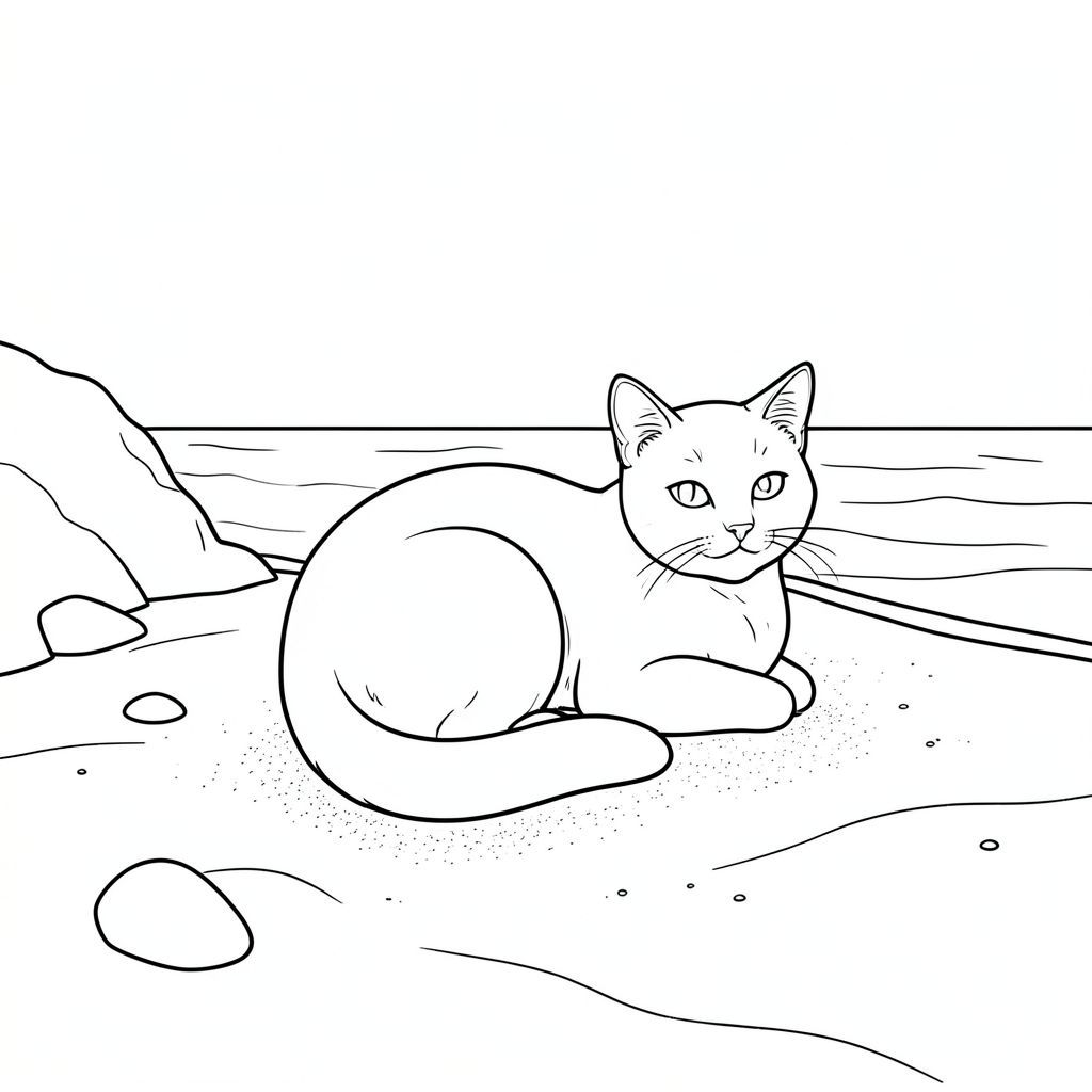 của một màu trắng tinh khiết có chính xác một con mèo, theo thông số kỹ thuật của bạn. Tôi sẽ tập trung vào việc tạo ra một khung cảnh thanh bình, đơn giản. Sự miêu tả: Đây là một bãi biển cát rộng, hơi có kết cấu. Cát có màu kem, với những gợn sóng tinh tế và sự thay đổi về tông màu. Nước là một rất, gần như mờ, phản chiếu bầu trời phía trên. Cát dốc nhẹ, dẫn đến một mỏm đá nhỏ ở phía bên trái của khung hình. Một vài viên sỏi nhỏ, nhẵn nằm rải rác trên cát. Ấn tượng chung là một trong những sự yên tĩnh yên tĩnh.

Ở trung tâm của khung hình, một con mèo duy nhất, bóng bẩy được định vị. Nó hơi hướng về bên phải, với đầu quay về phía người xem. Con mèo cuộn tròn trong tư thế thư giãn, gần như ngủ, với đuôi cuộn tròn quanh bàn chân. Bộ lông của nó là một , và nó có một biểu cảm hơi cảnh giác - một sự co giật tinh tế của đôi tai của nó. Đôi mắt của mèo có màu sắc rõ ràng. Nó được định vị sao cho toàn bộ con mèo có thể nhìn thấy, nhưng không quá chi tiết. Cơ thể mèo hơi góc cạnh, tạo đường cong nhẹ nhàng.

Không có yếu tố nào khác - không có cây cối, đá hoặc cây nước. Chỉ có con mèo. Phong cách: Nghệ thuật đường nét tinh khiết và trắng - Một con mèo duy nhất, đơn giản và tinh tế. Không gian âm: Hoàn toàn trống, không có yếu tố nền. Những Cân Nhắc Chính để Tạo Ảnh: * Con mèo là đối tượng chính, do đó ảnh phải được đặt chính giữa nó.  * Cát phải có kết cấu tinh tế, sần sùi để bắt chước cảm giác của cát thật.  * Phải mềm mại và khuếch tán, đến từ phía trên bên trái, tạo ra các điểm nổi bật và bóng tối tinh tế trên con mèo và cát.  * Con mèo được đặt hơi lệch tâm, tạo bố cục cân bằng.

Tôi đã ưu tiên một cách tiếp cận tối giản để đạt được kết quả mong muốn. Tôi đã tập trung vào việc tạo ra một khung cảnh yên bình và chiêm nghiệm.

---

Tôi hy vọng mô tả này đủ chi tiết để bạn hình dung hình ảnh. Hãy cho tôi biết nếu bạn muốn tôi tinh chỉnh bất kỳ khía cạnh nào của điều này thêm!, trang màu, nghệ thuật đường nét, nền trắng